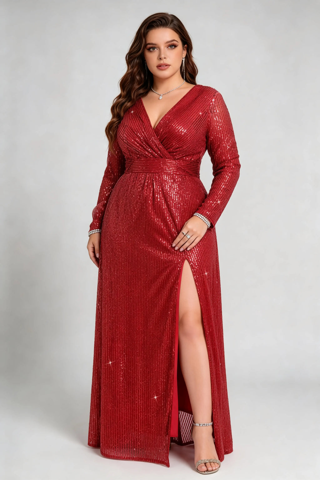 Plus Size Sequin Wrap V-Neck Long Sleeve High Slit Evening Gown Floor Length Red Dress