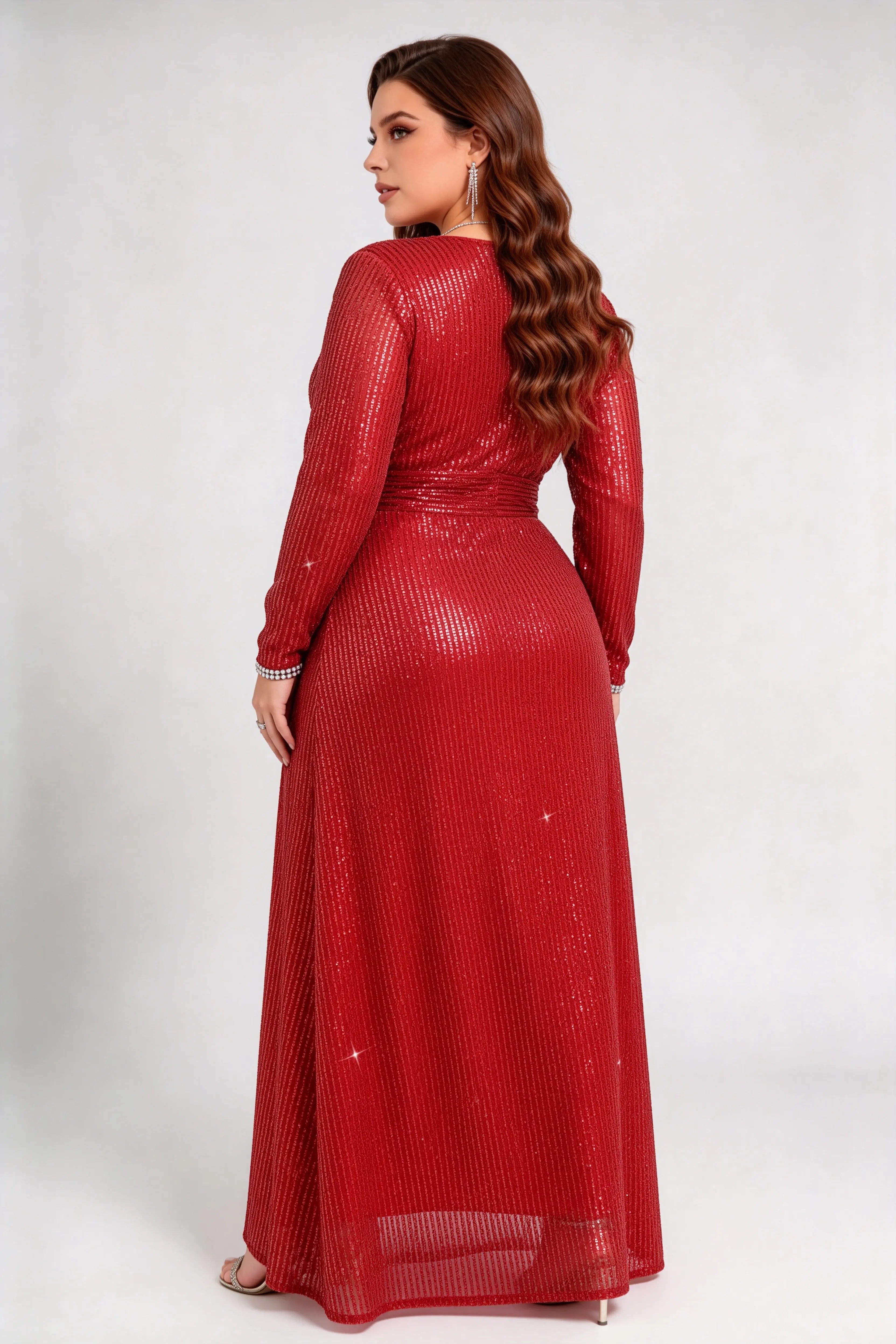 Plus Size Sequin Wrap V-Neck Long Sleeve High Slit Evening Gown Floor Length Red Dress