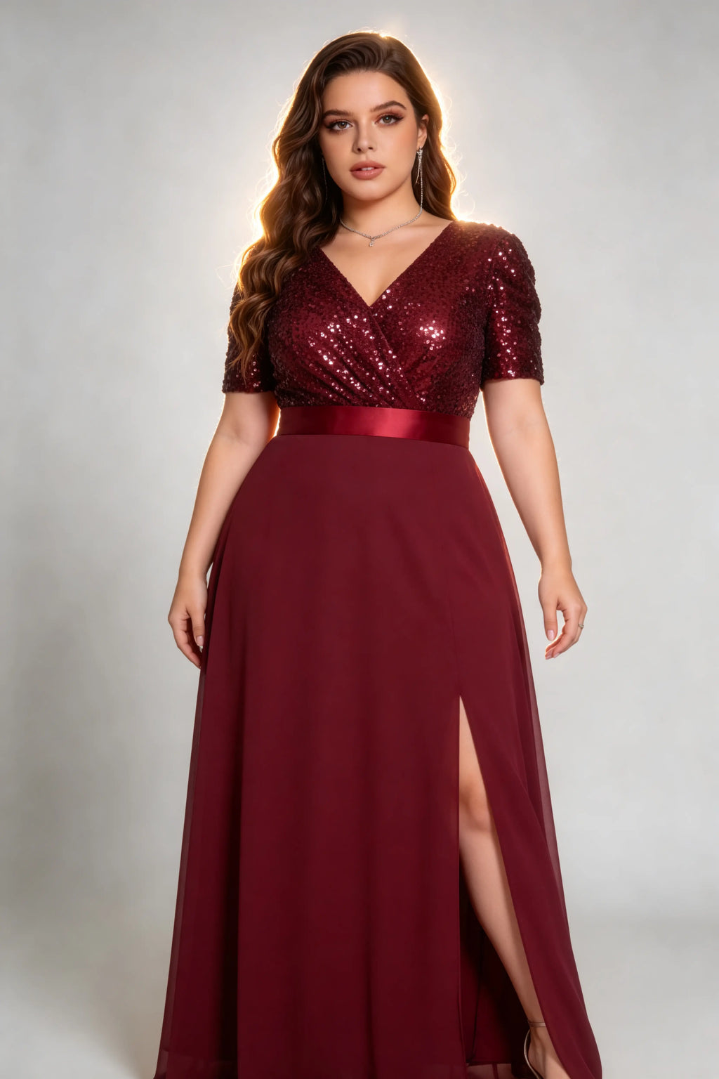 Plus Size V Neck Sequin Wrap Maxi  Burgundy Dress with Slit