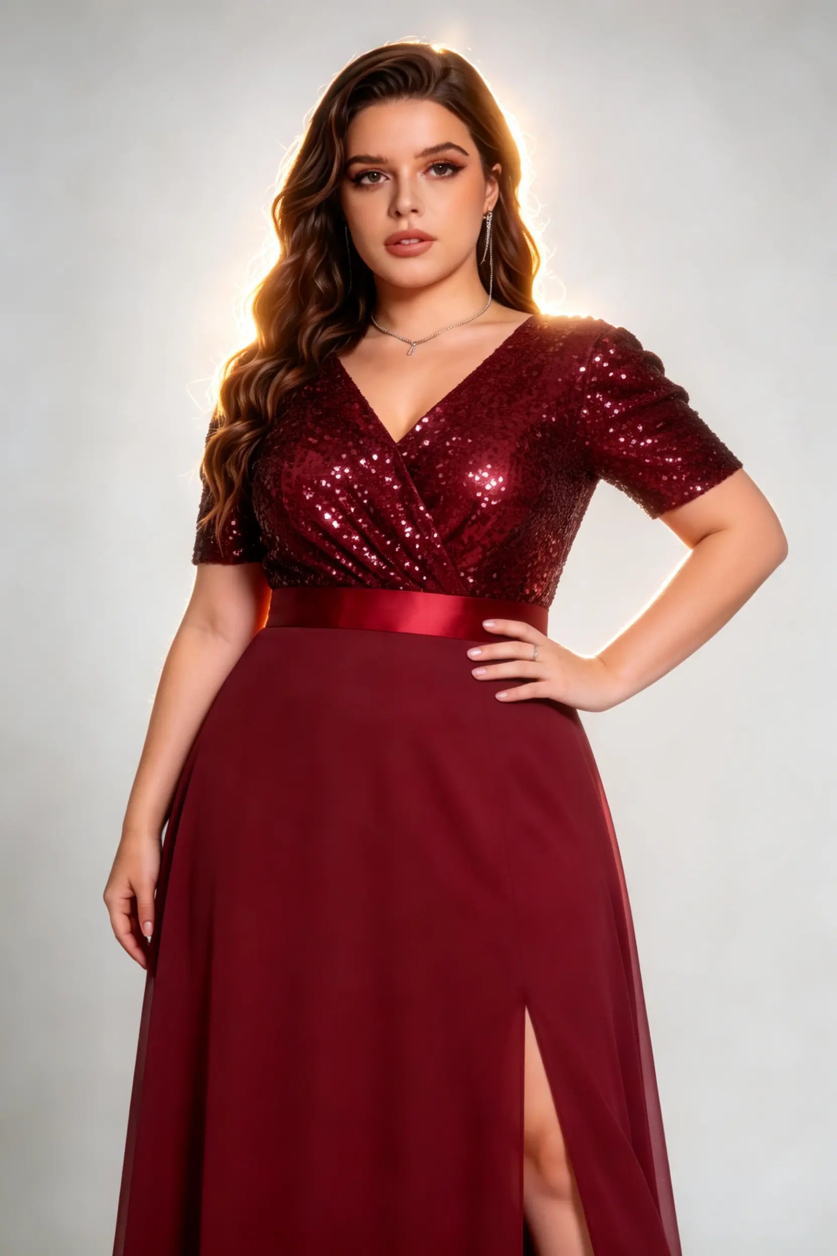 Plus Size V Neck Sequin Wrap Maxi  Burgundy Dress with Slit