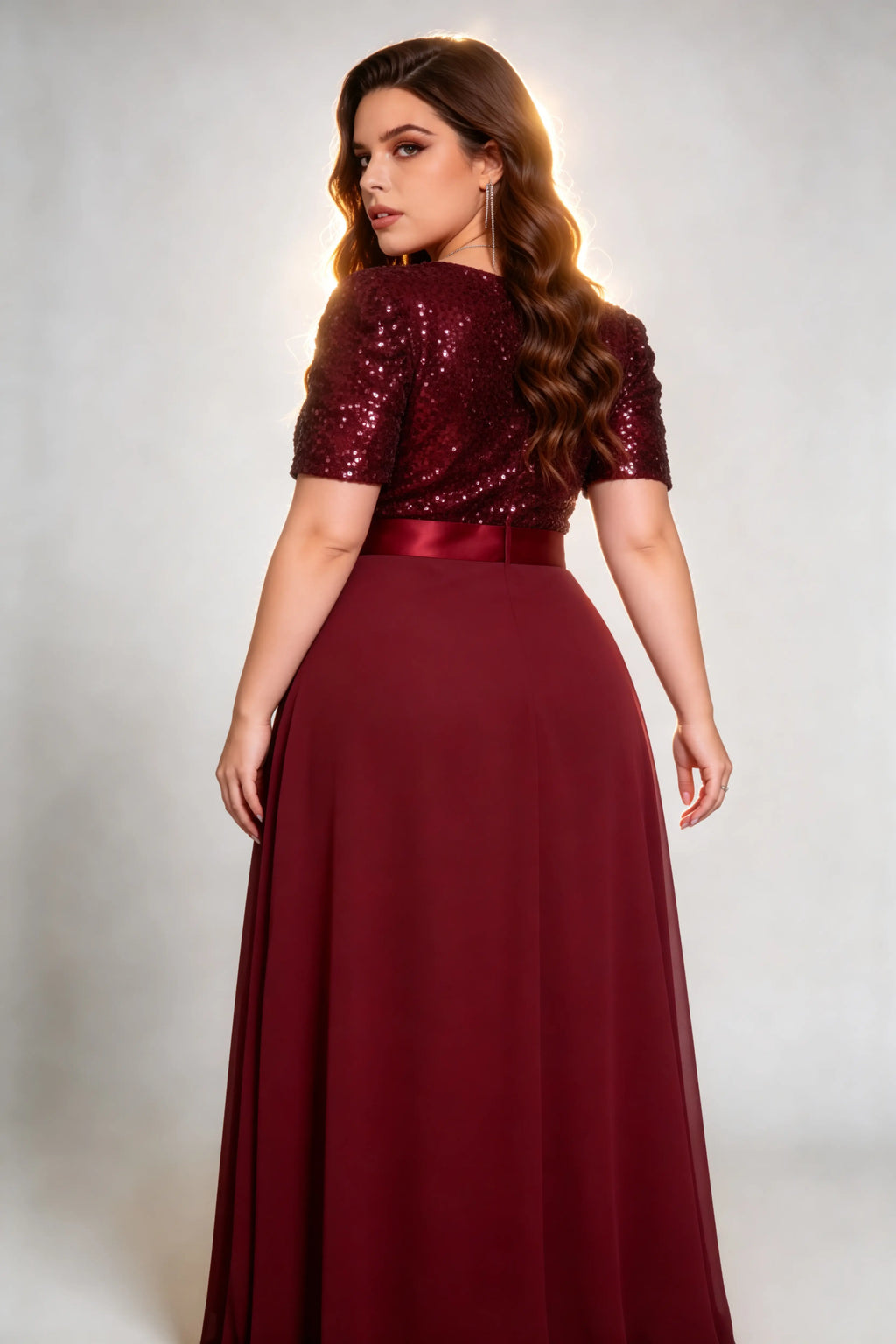 Plus Size V Neck Sequin Wrap Maxi  Burgundy Dress with Slit