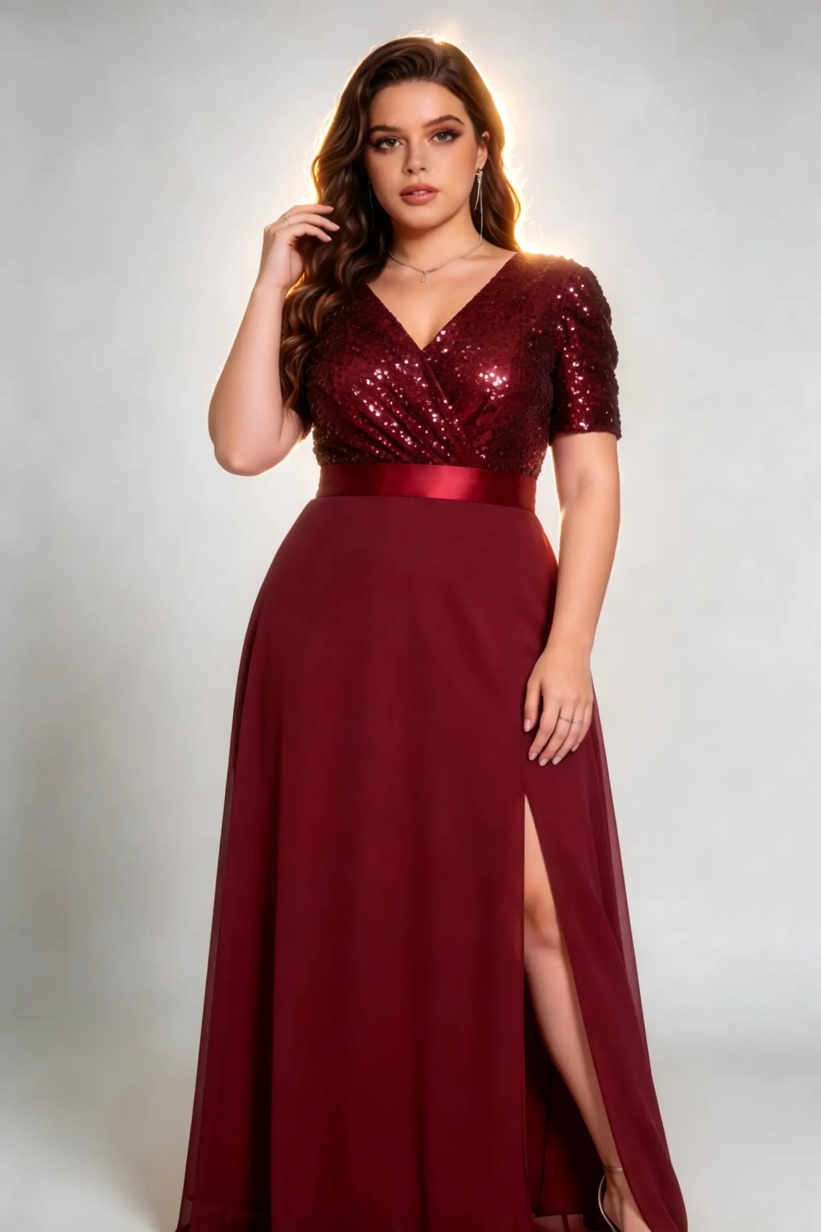 Plus Size V-neck Short Sleeve Sequin Side Split Maxi Formal Evening Dress phoehua Plus Size V-neck Short Sleeve Sequin Side Split Maxi Formal Evening Dress phoehua