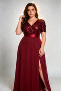 Plus Size V Neck Sequin Wrap Maxi  Burgundy Dress with Slit
