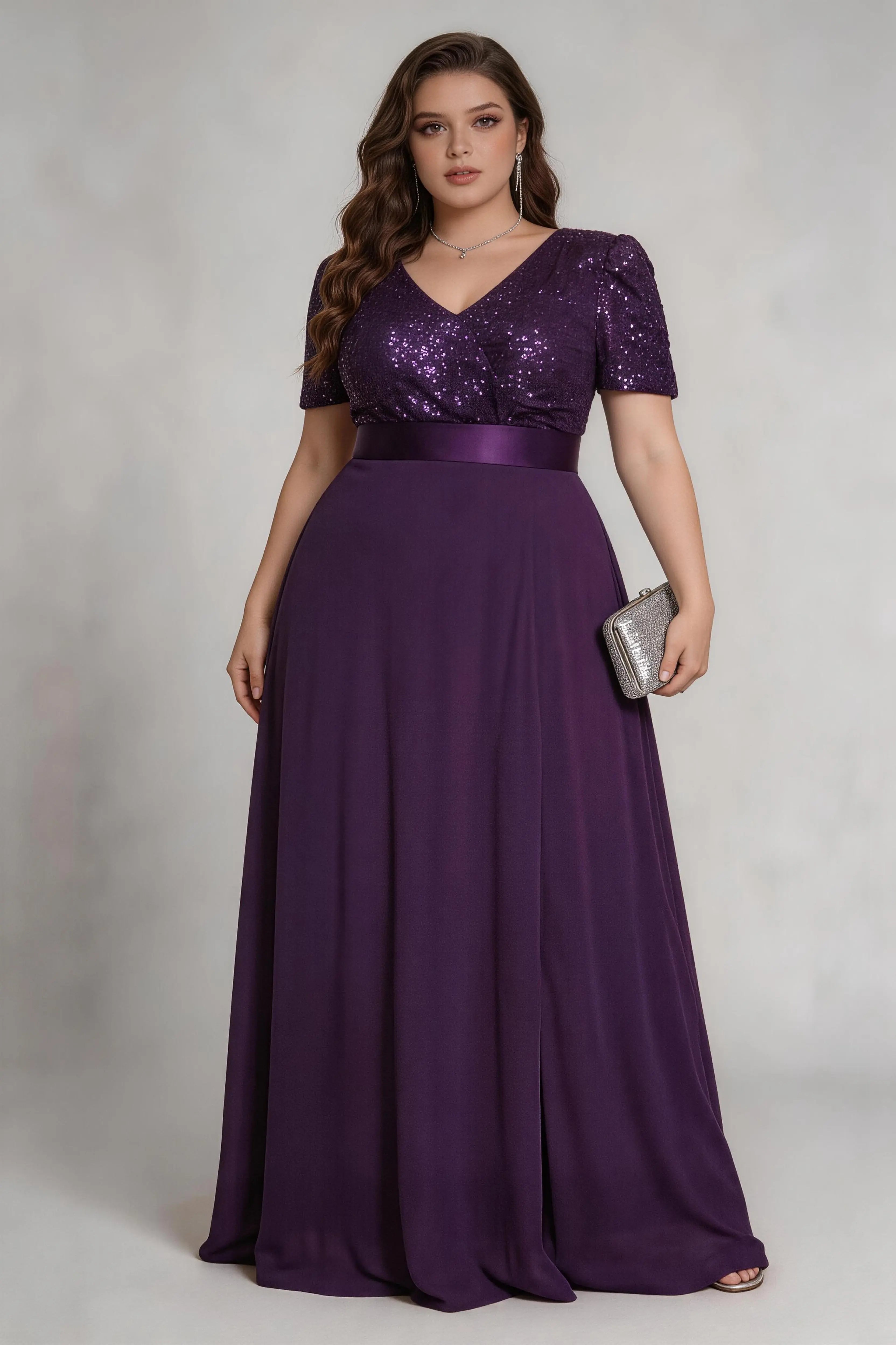 Plus Size V Neck Sequin Wrap Maxi  Purple Dress with Slit
