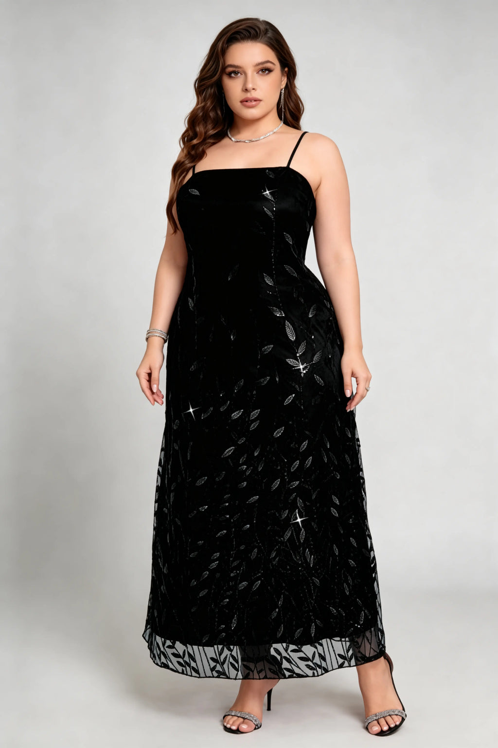 Plus Size Sequin Leaf Embroidered Chiffon Capelet Maxi Dress