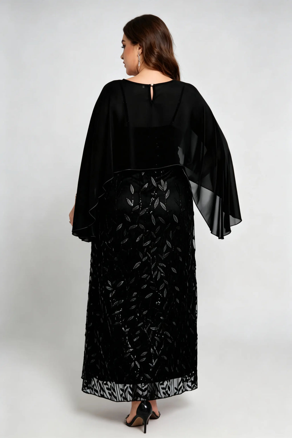 Plus Size Sequin Leaf Embroidered Chiffon Capelet Maxi Dress