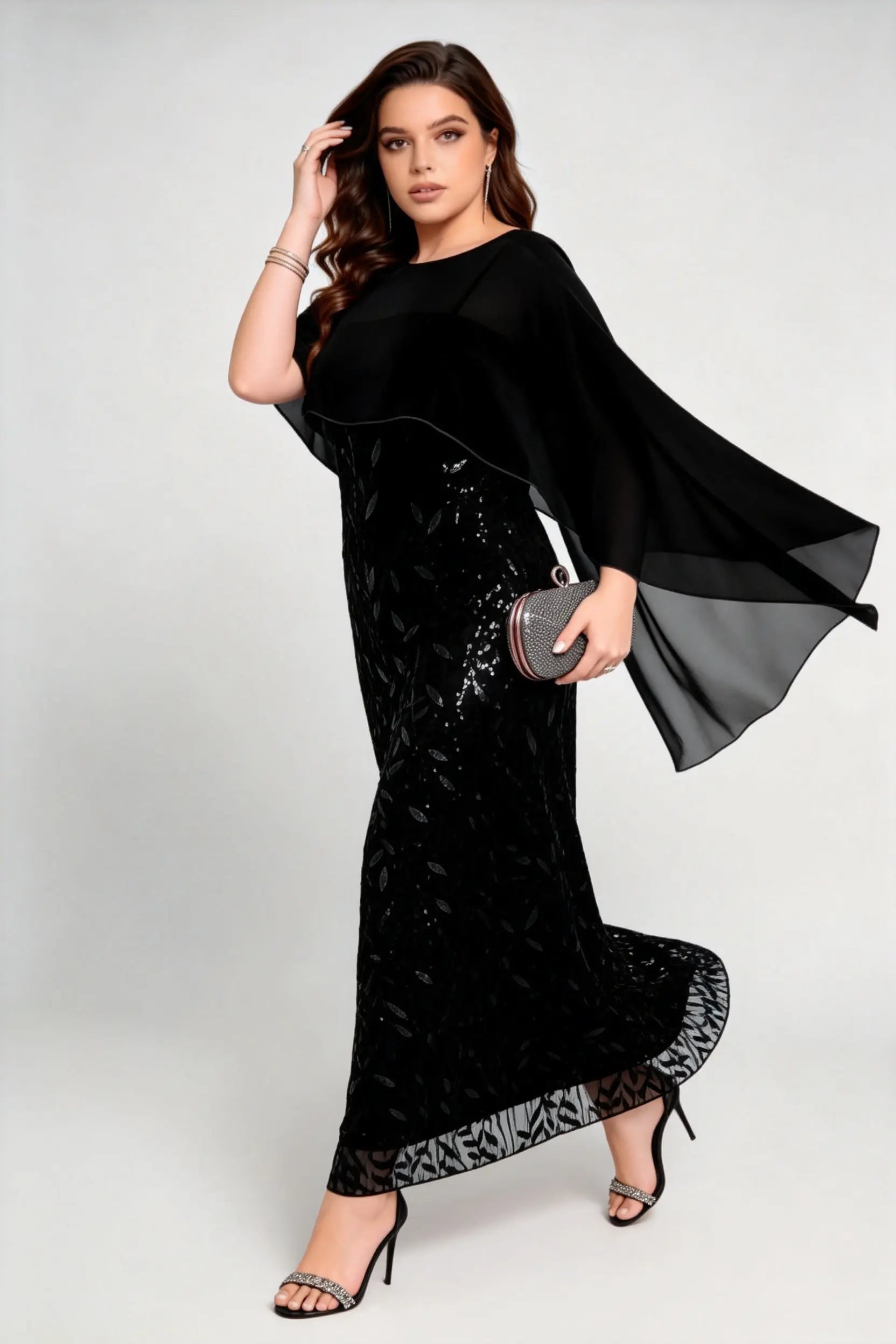 Plus Size Sequin Leaf Embroidered Chiffon Capelet Maxi Dress