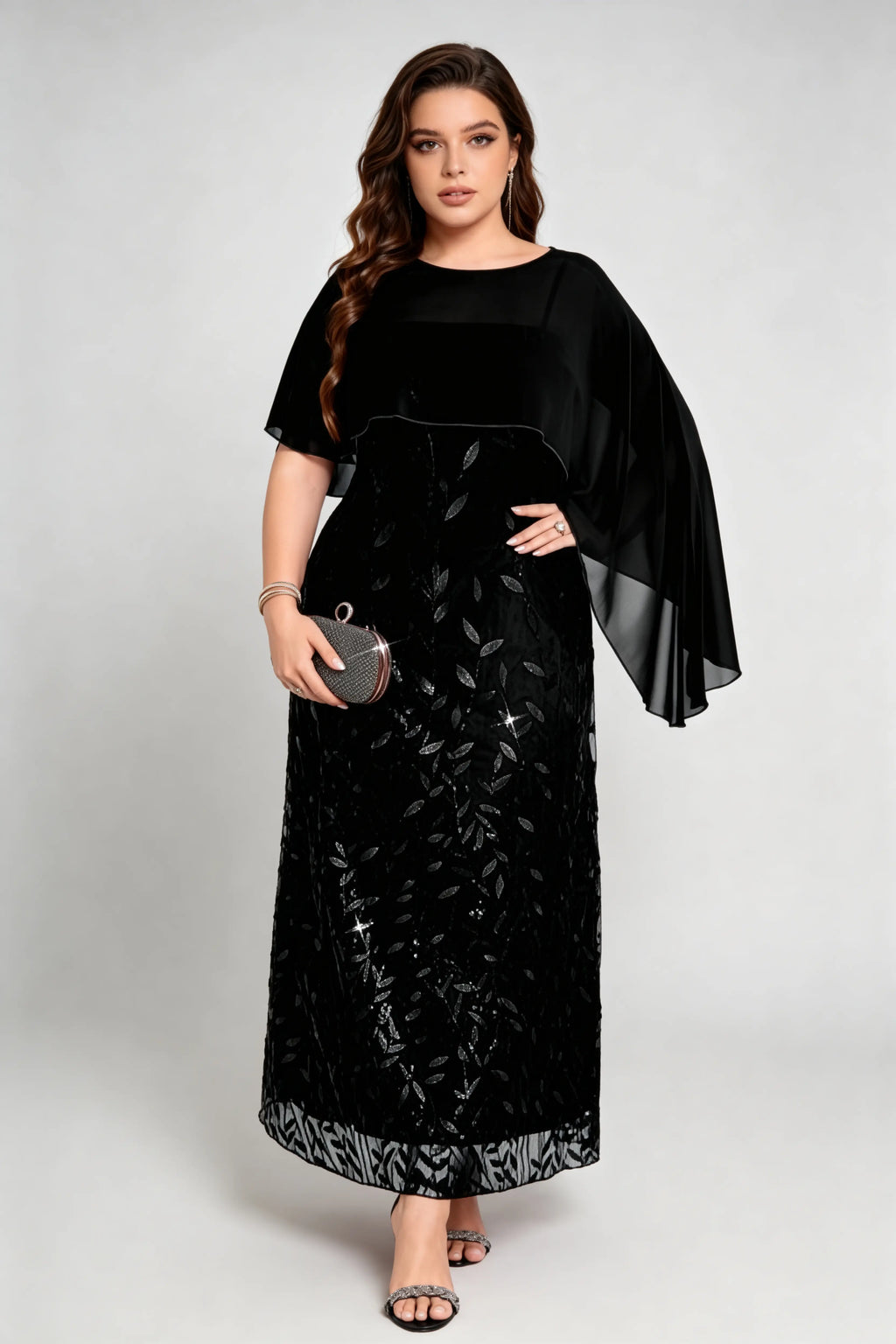 Plus Size Sequin Leaf Embroidered Chiffon Capelet Maxi Dress