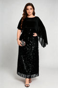 Plus Size Sequin Leaf Embroidered Chiffon Capelet Maxi Dress
