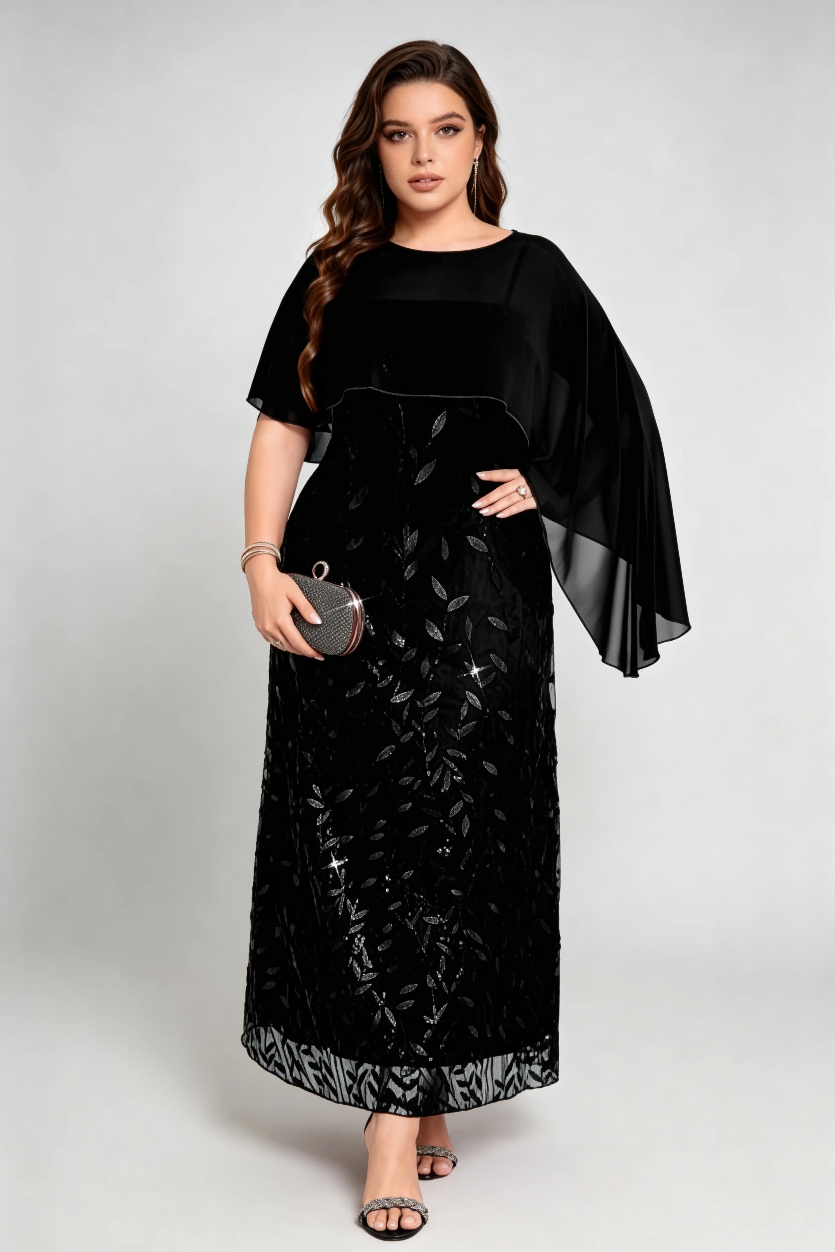 Plus Size Sequin Leaf Embroidered Chiffon Capelet Maxi Dress