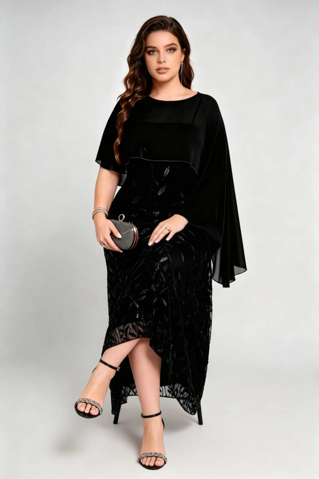 Plus Size Sequin Leaf Embroidered Chiffon Capelet Maxi Dress