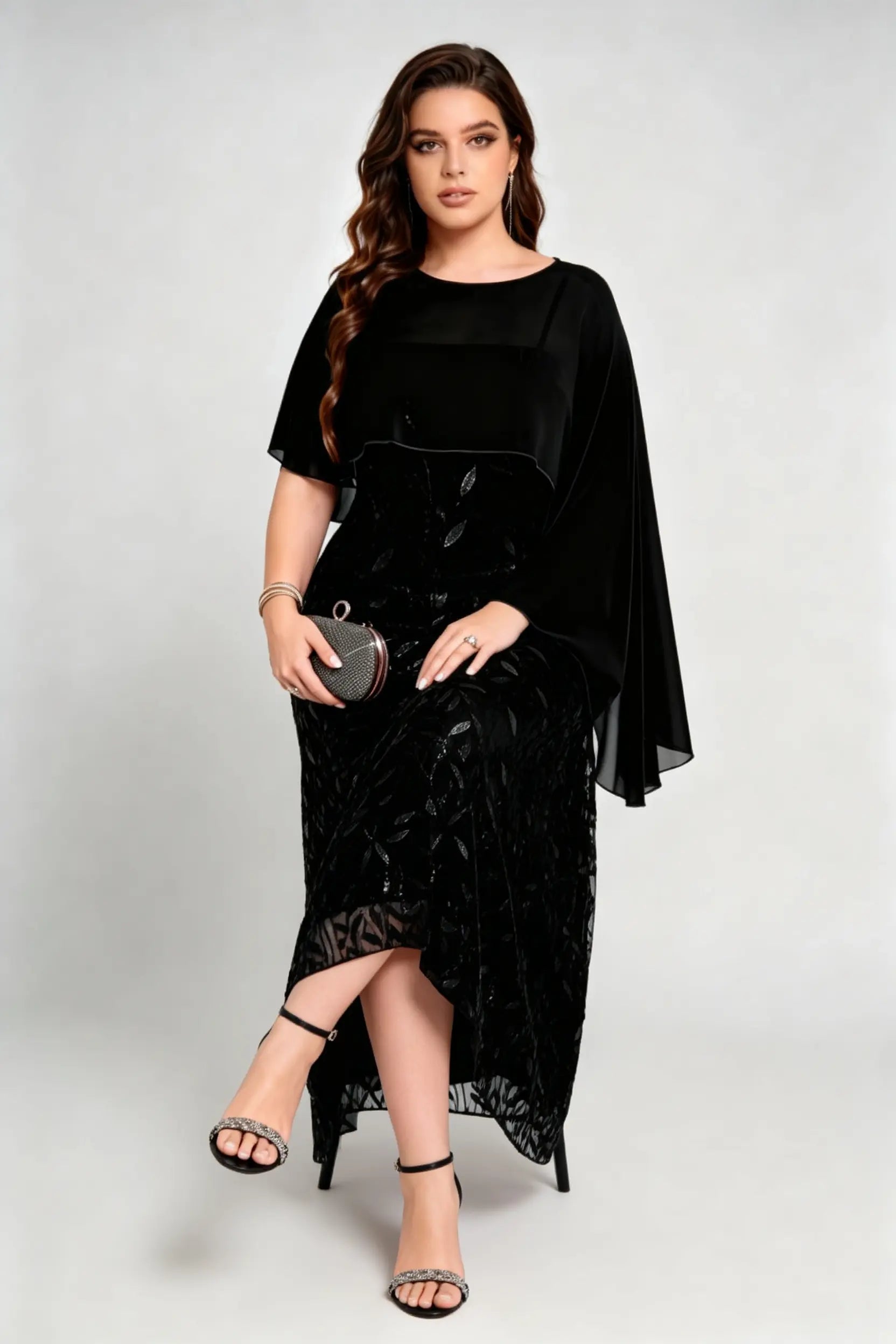Plus Size Sequin Leaf Embroidered Chiffon Capelet Maxi Dress