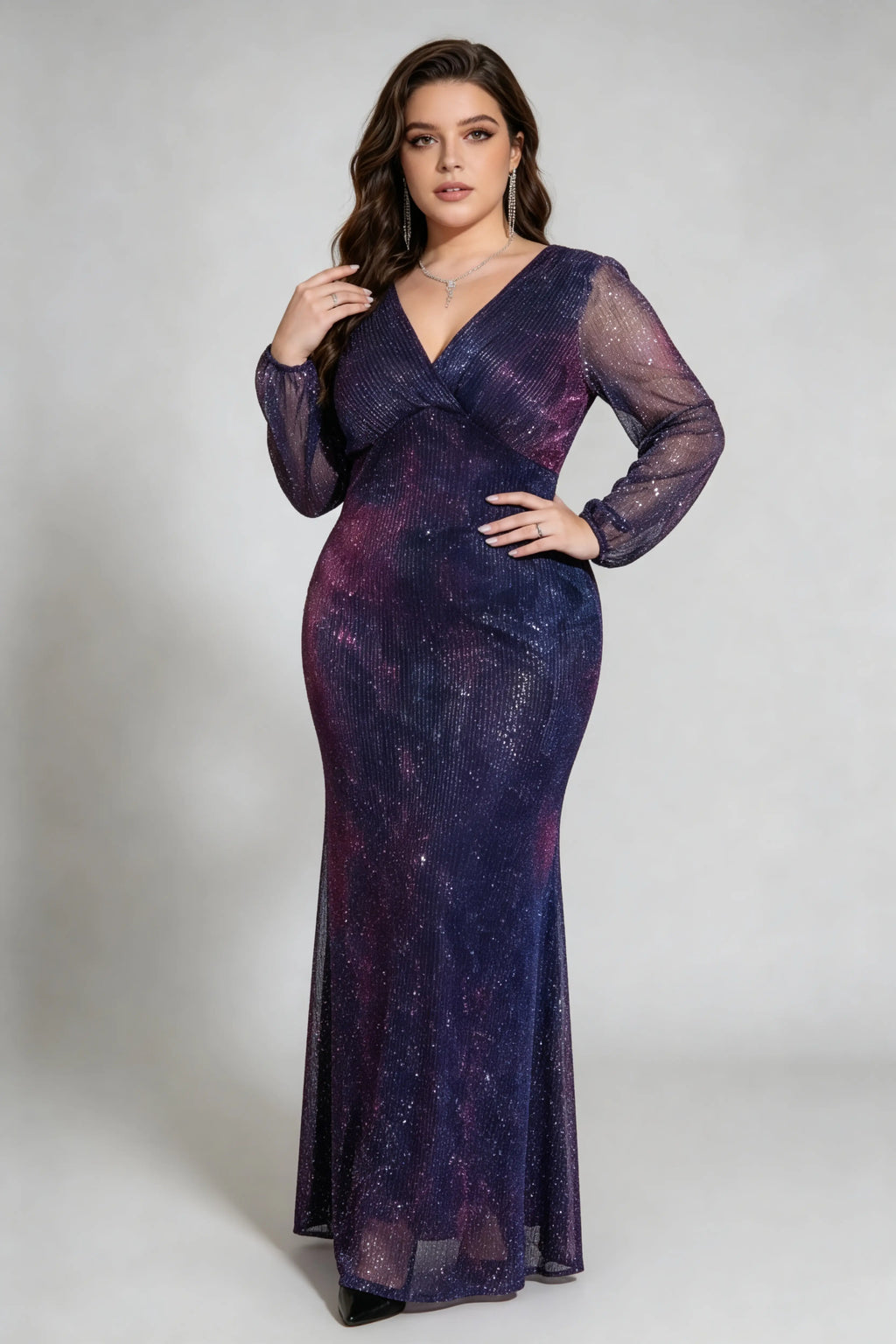 Plus Size Galaxy Sequin Mermaid Gown with Long Sheer Sleeves
