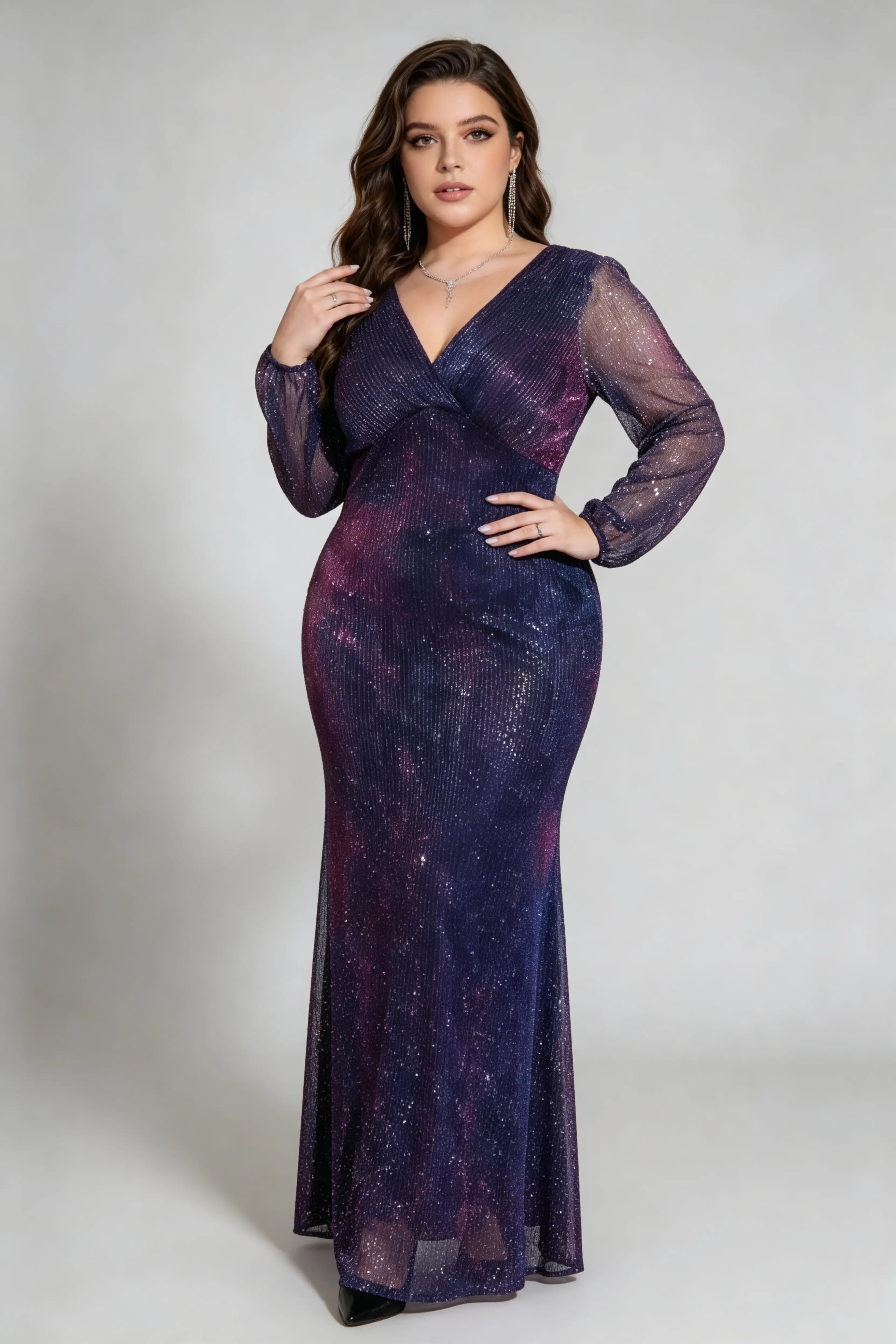 Plus Size Galaxy Sequin Mermaid Gown with Long Sheer Sleeves