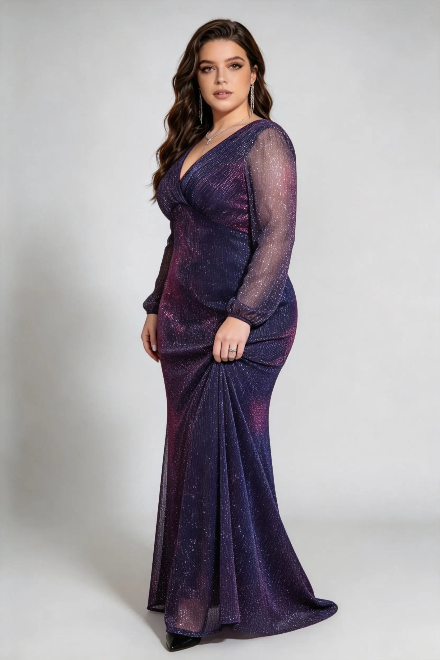 Plus Size Galaxy Sequin Mermaid Gown with Long Sheer Sleeves