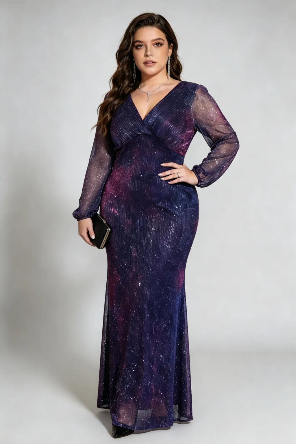 Plus Size Galaxy Sequin Mermaid Gown with Long Sheer Sleeves