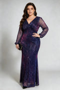 Plus Size Galaxy Sequin Mermaid Gown with Long Sheer Sleeves