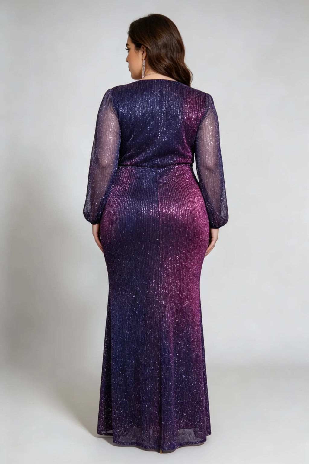 Plus Size Galaxy Sequin Mermaid Gown with Long Sheer Sleeves