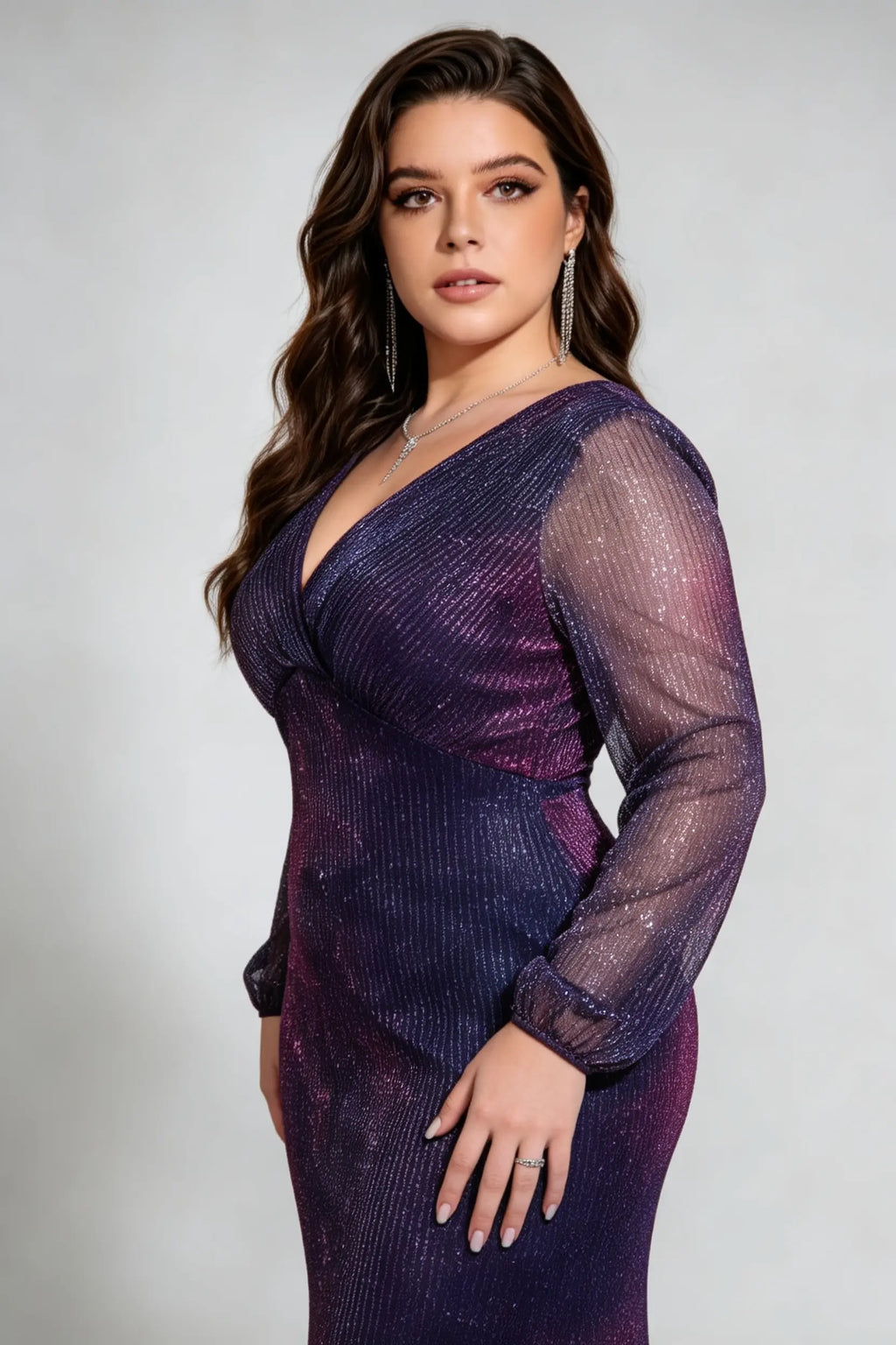 Plus Size Galaxy Sequin Mermaid Gown with Long Sheer Sleeves