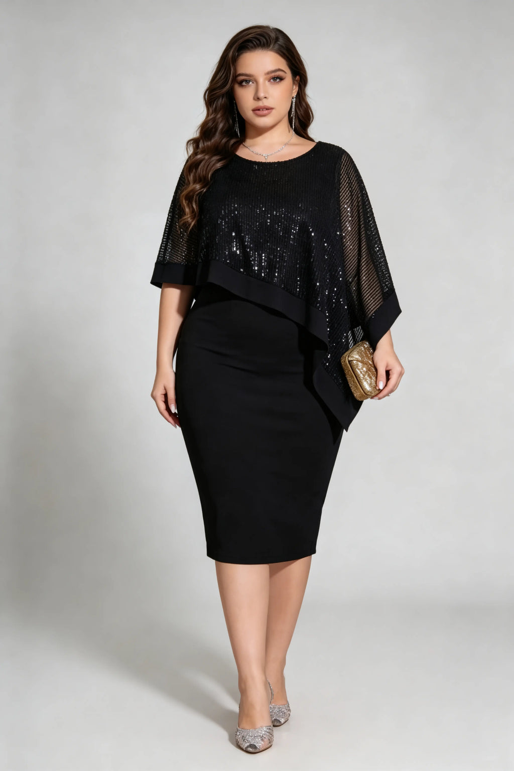 Plus Size Black Sequin Capelet Bodycon Midi Dress
