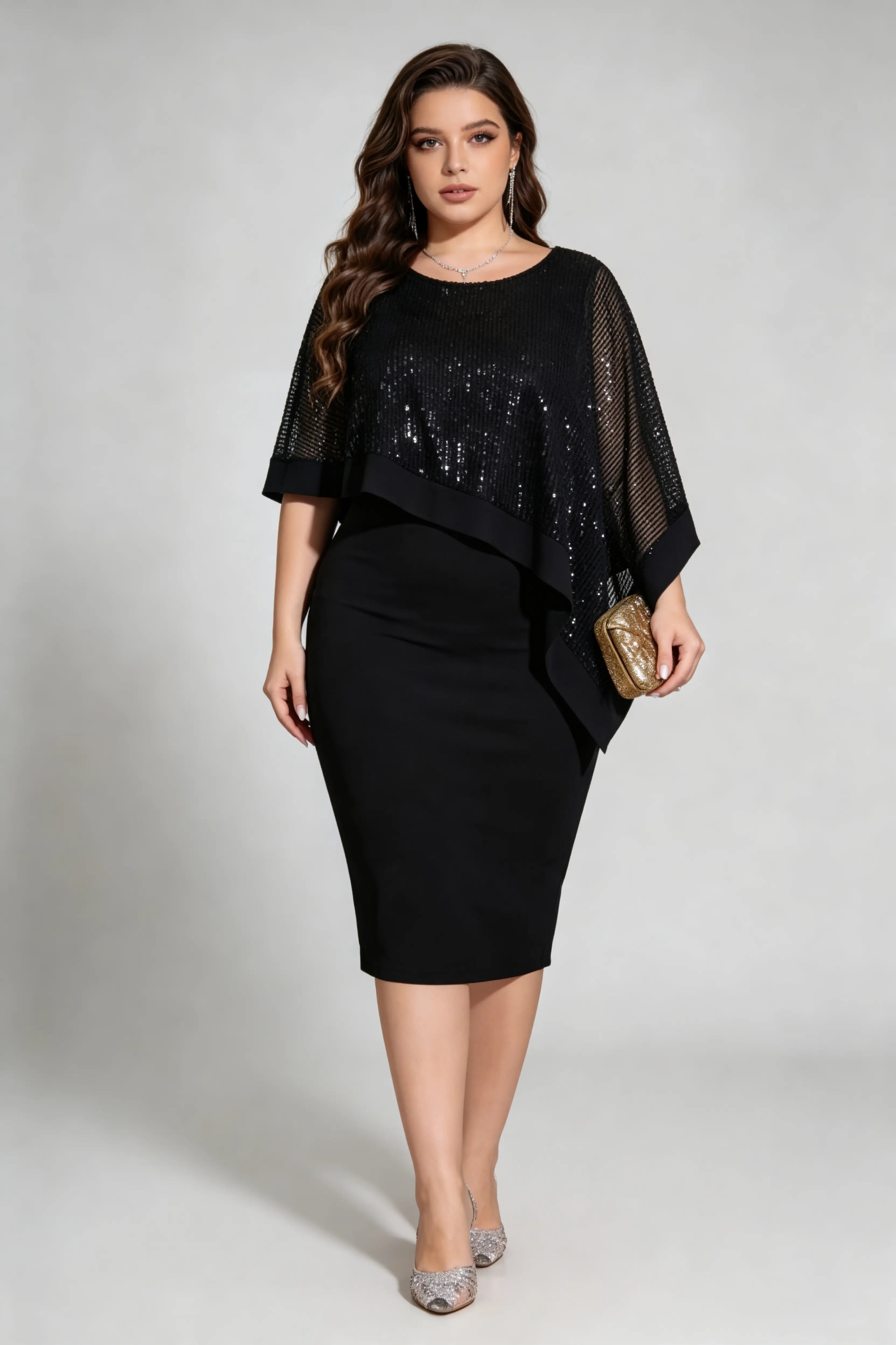 Plus Size Black Sequin Capelet Bodycon Midi Dress