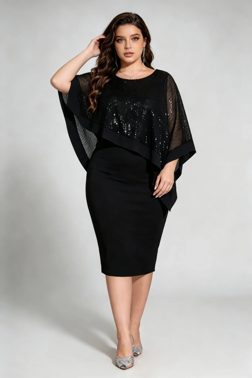 Plus Size Black Sequin Capelet Bodycon Midi Dress