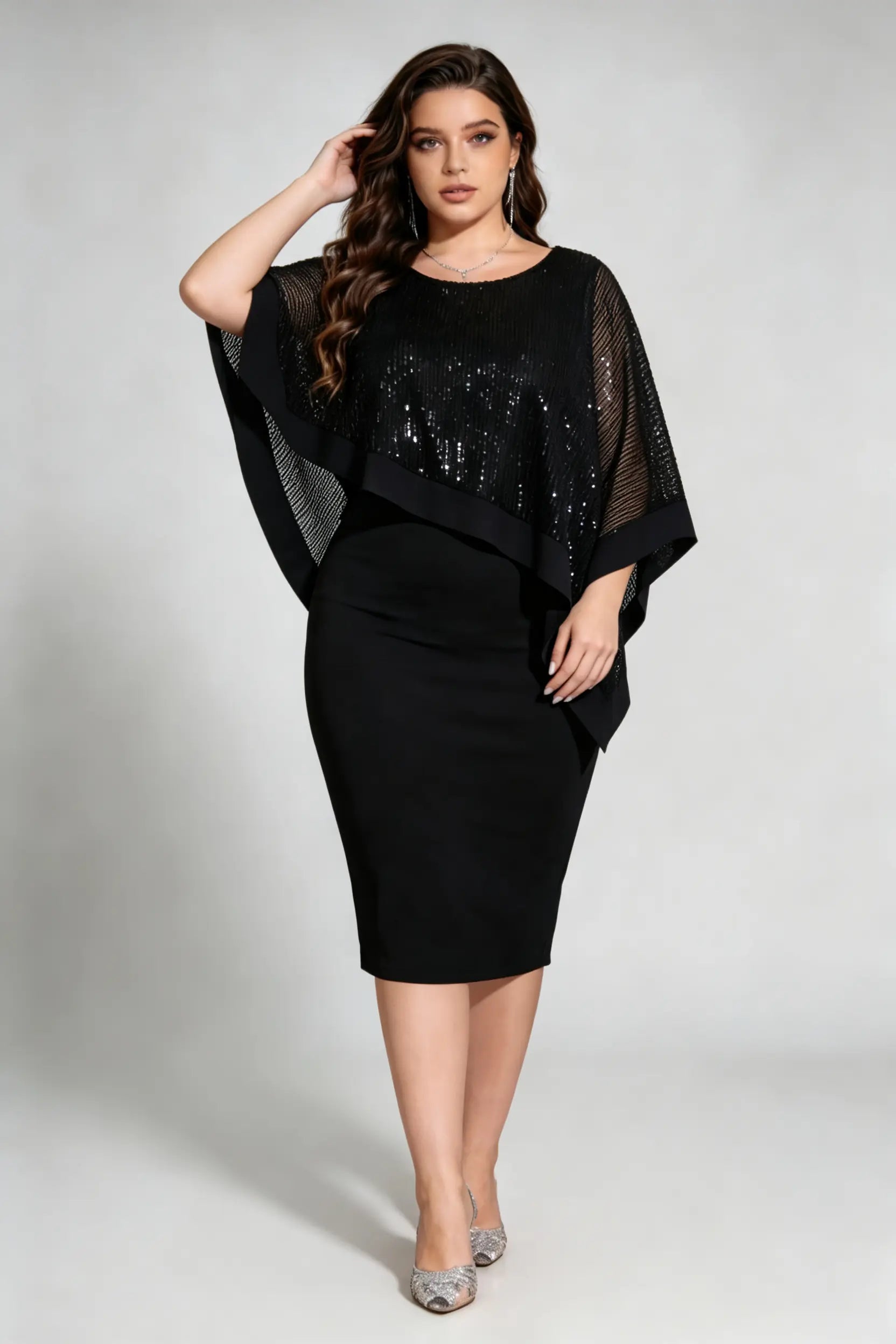 Plus Size Black Sequin Capelet Bodycon Midi Dress