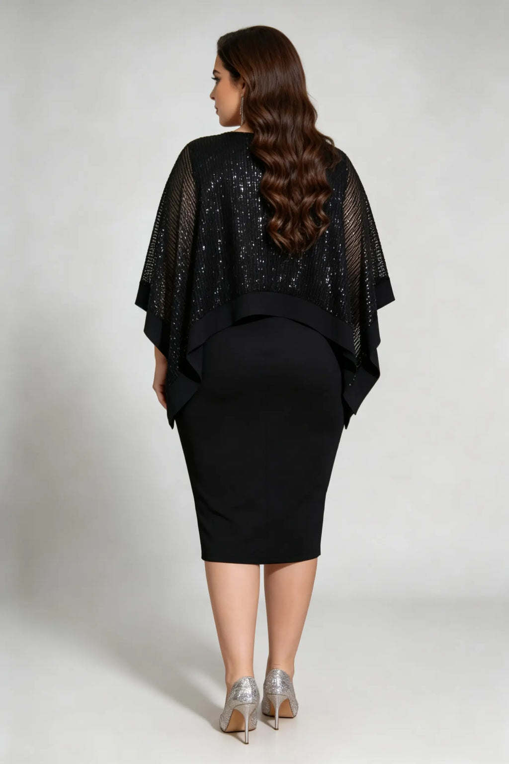 Plus Size Black Sequin Capelet Bodycon Midi Dress