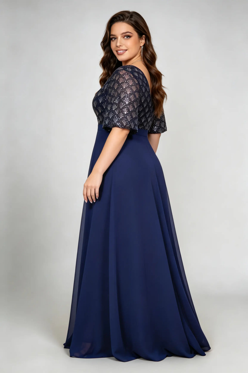 Plus Size Navy Blue Sequin Lace V-Neck Maxi Dress with Flutter Sleeves