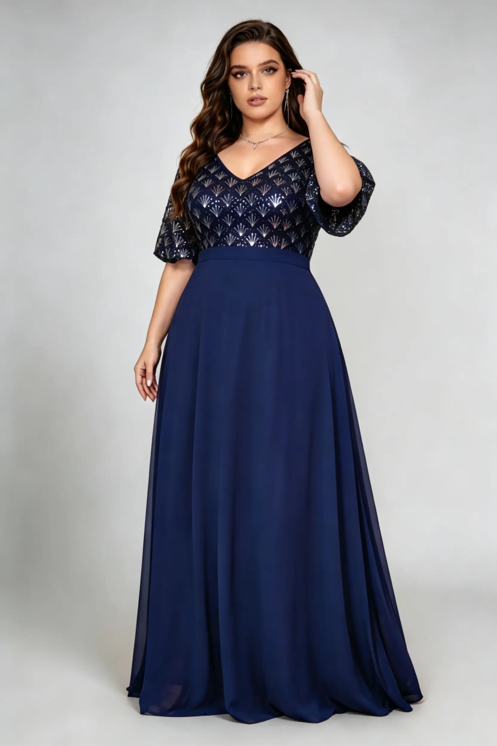 Plus Size Navy Blue Sequin Lace V-Neck Maxi Dress with Flutter Sleeves