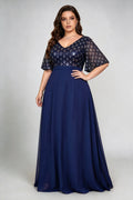 Plus Size Navy Blue Sequin Lace V-Neck Maxi Dress with Flutter Sleeves