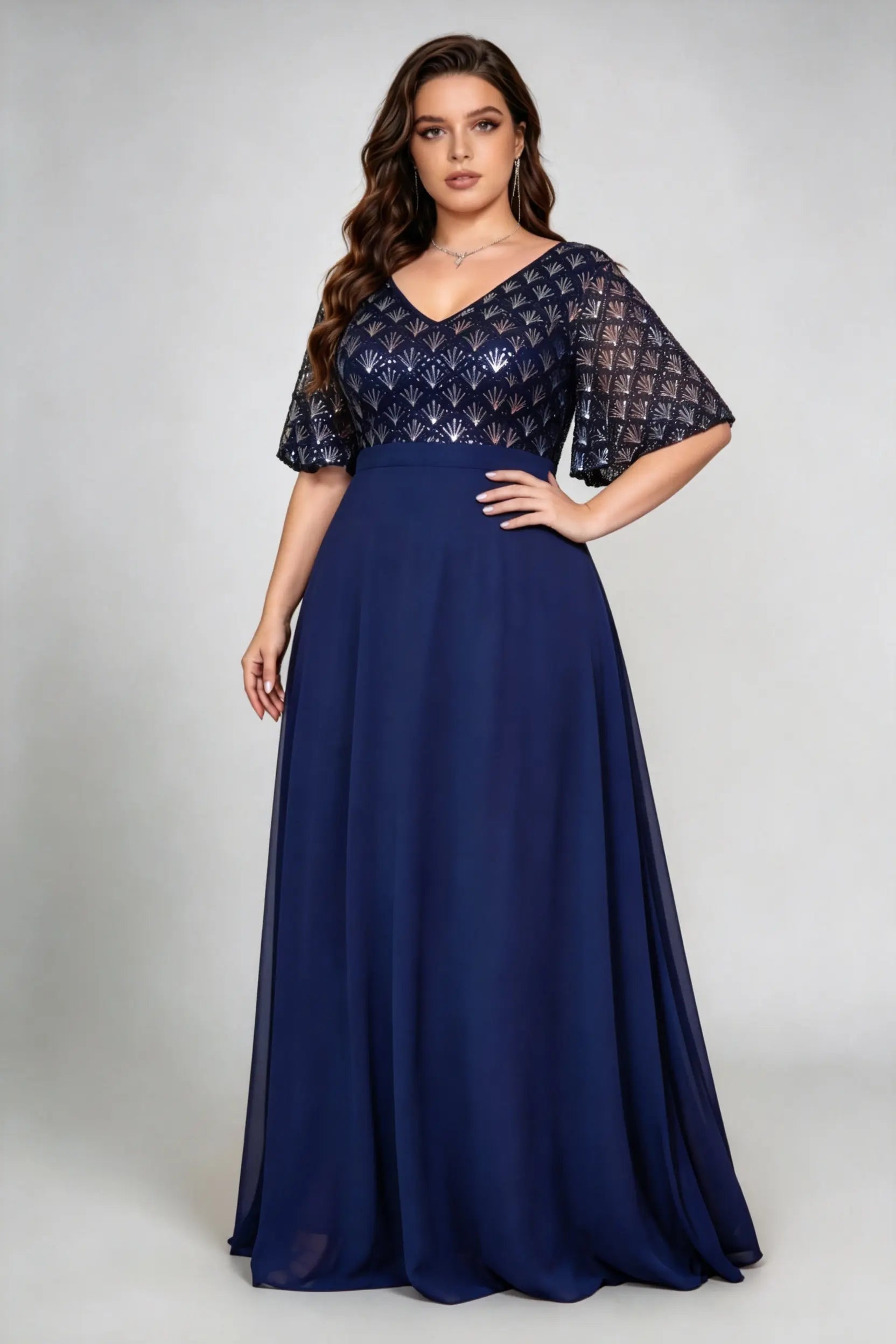 Plus Size Navy Blue Sequin Lace V-Neck Maxi Dress with Flutter Sleeves