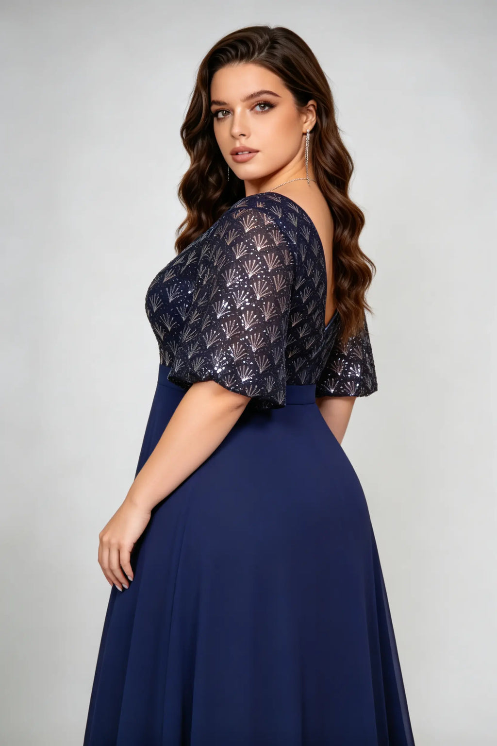 Plus Size Navy Blue Sequin Lace V-Neck Maxi Dress with Flutter Sleeves