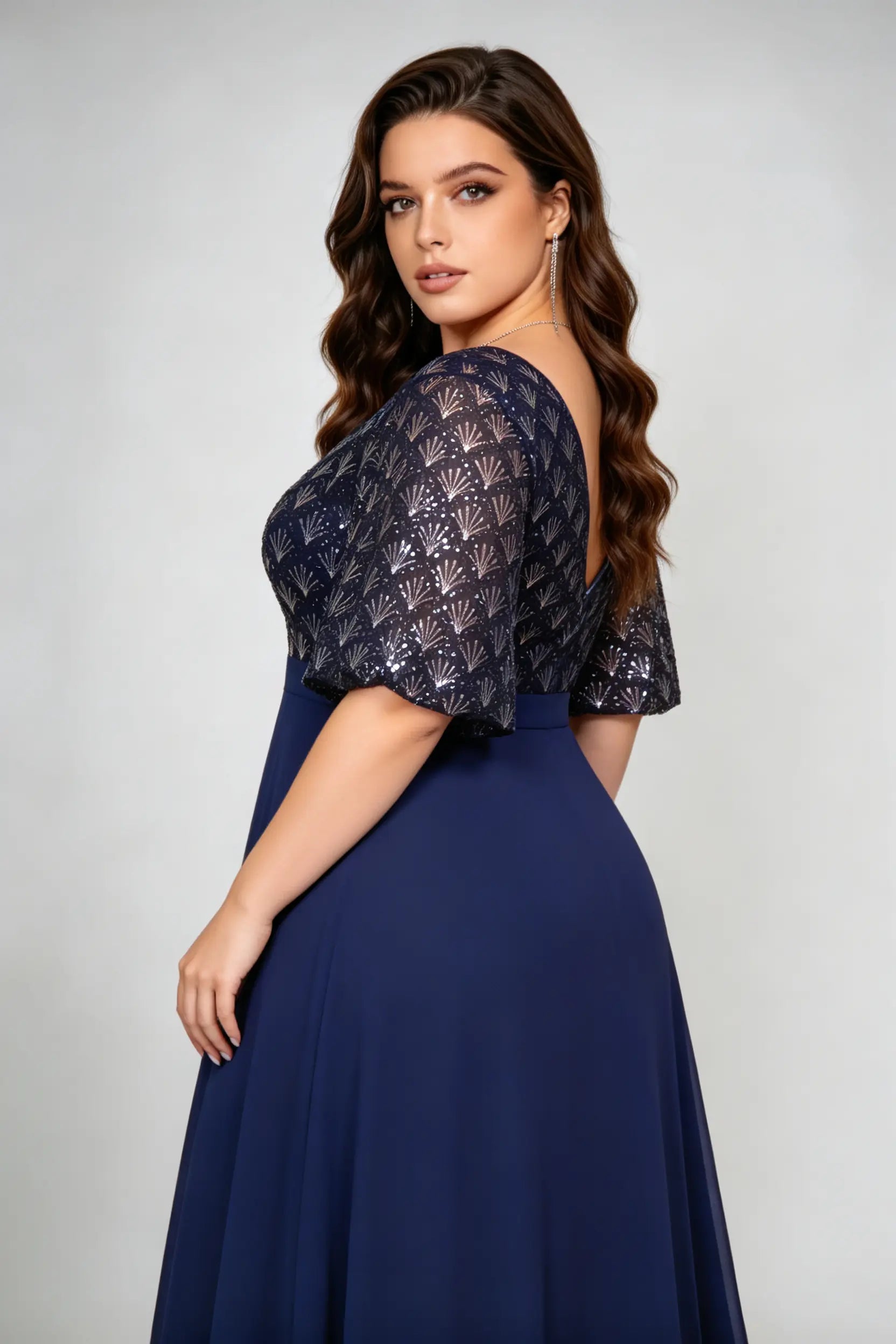 Plus Size Navy Blue Sequin Lace V-Neck Maxi Dress with Flutter Sleeves