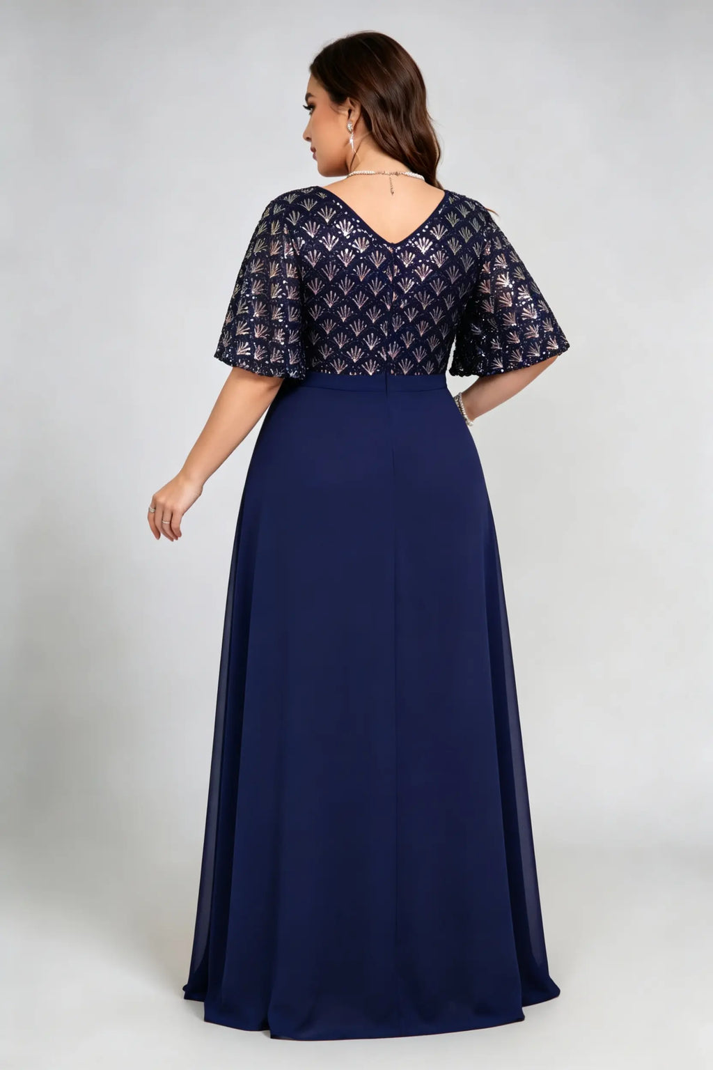 Plus Size Navy Blue Sequin Lace V-Neck Maxi Dress with Flutter Sleeves