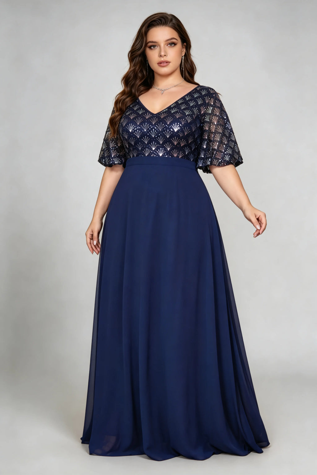 Plus Size Navy Blue Sequin Lace V-Neck Maxi Dress with Flutter Sleeves