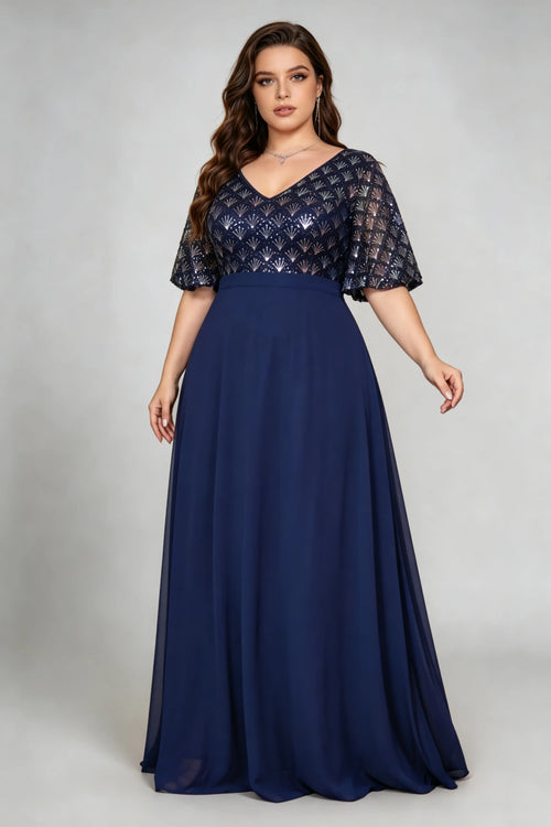 Plus Size Navy Blue Sequin Lace V-Neck Maxi Dress with Flutter Sleeves –  phoehua