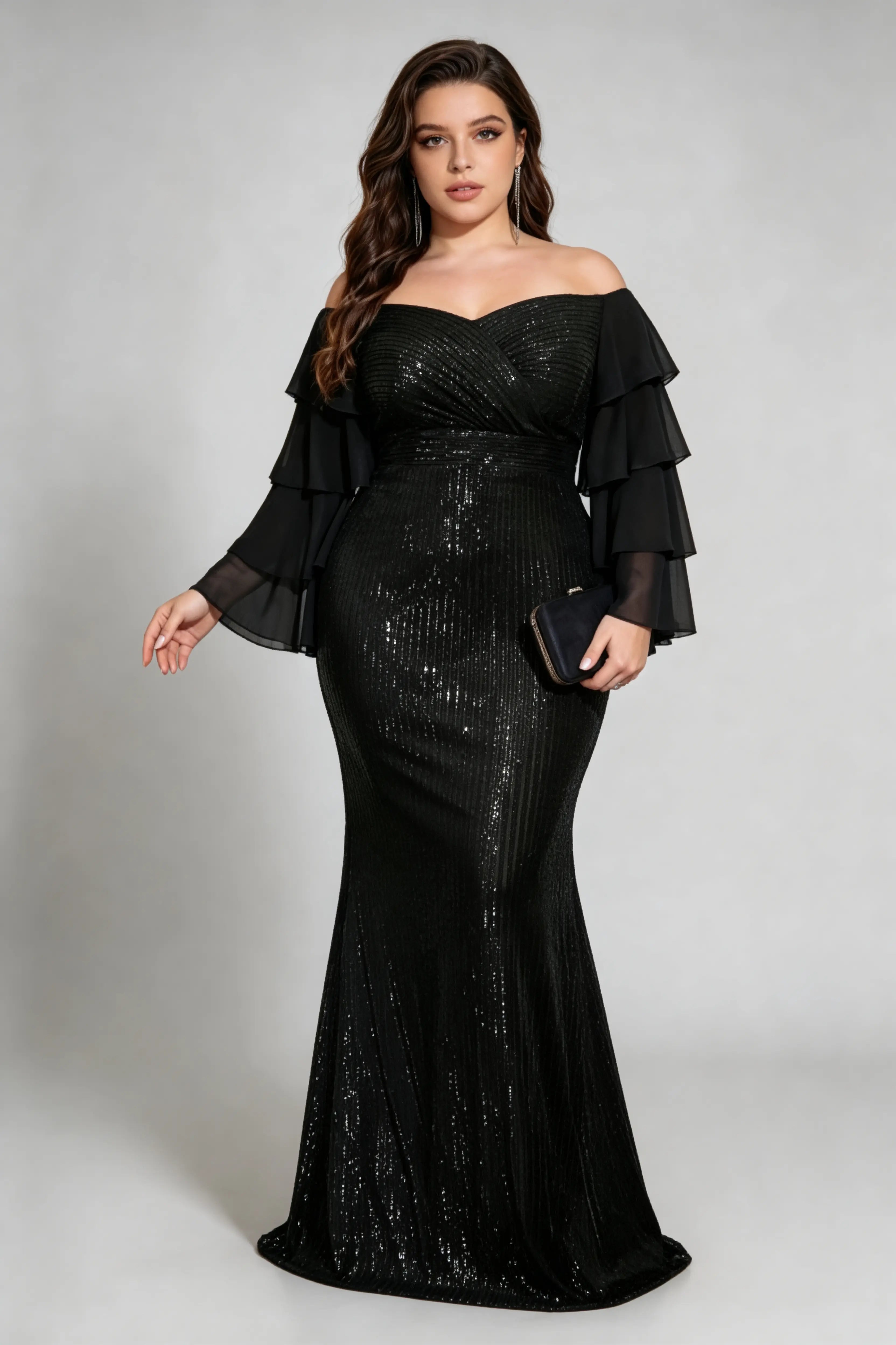 Plus Size Off-Shoulder Sequin Mermaid Black Gown with Ruffled Sleeves