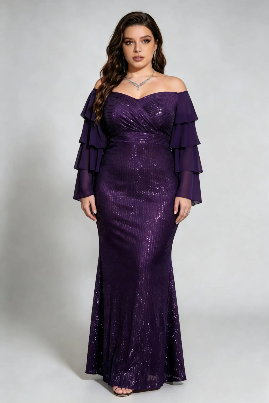 Plus Size Off-Shoulder Sequin Mermaid Purple Gown with Ruffled 