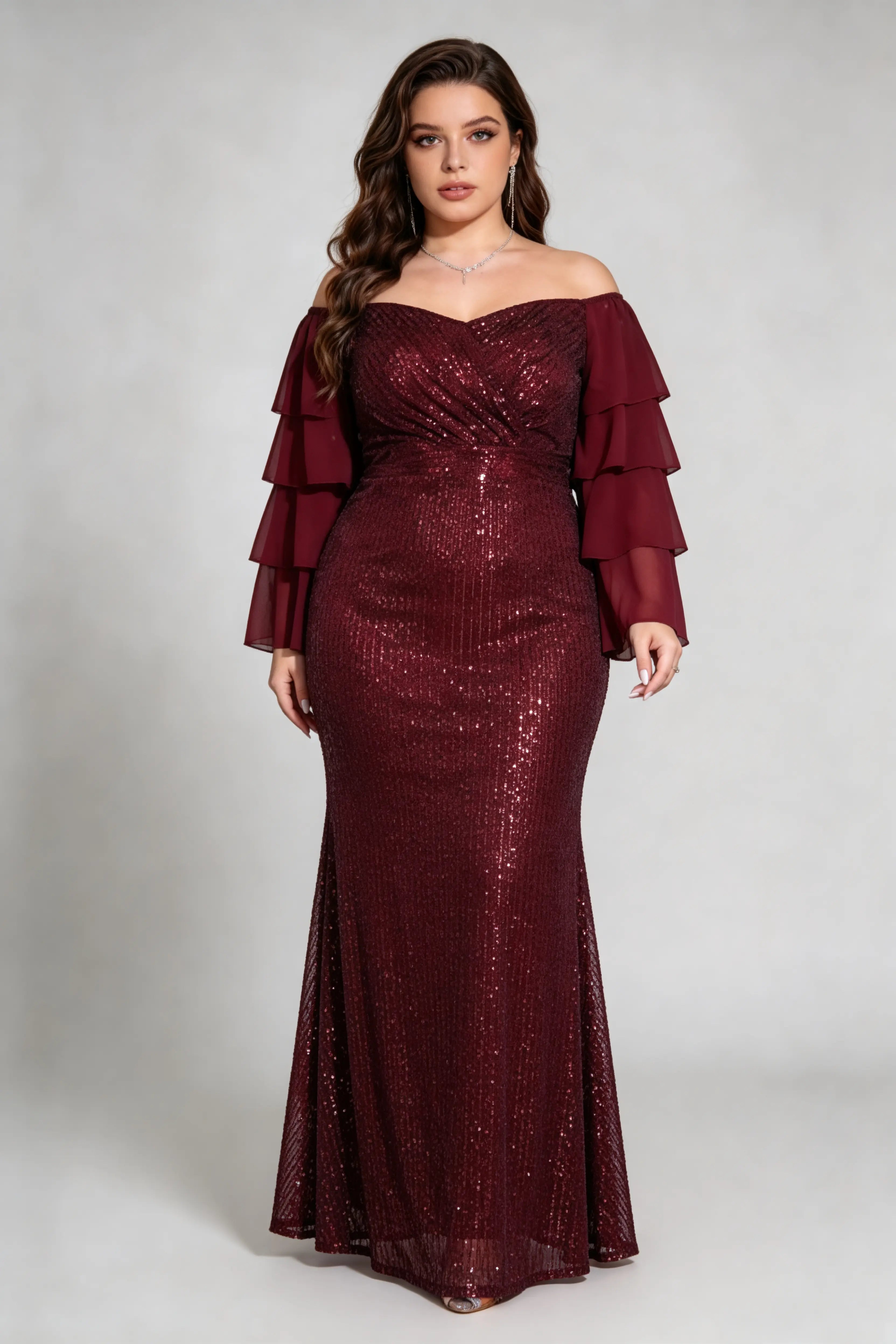 Plus Size Off-Shoulder Sequin Mermaid Red Gown with Ruffled 