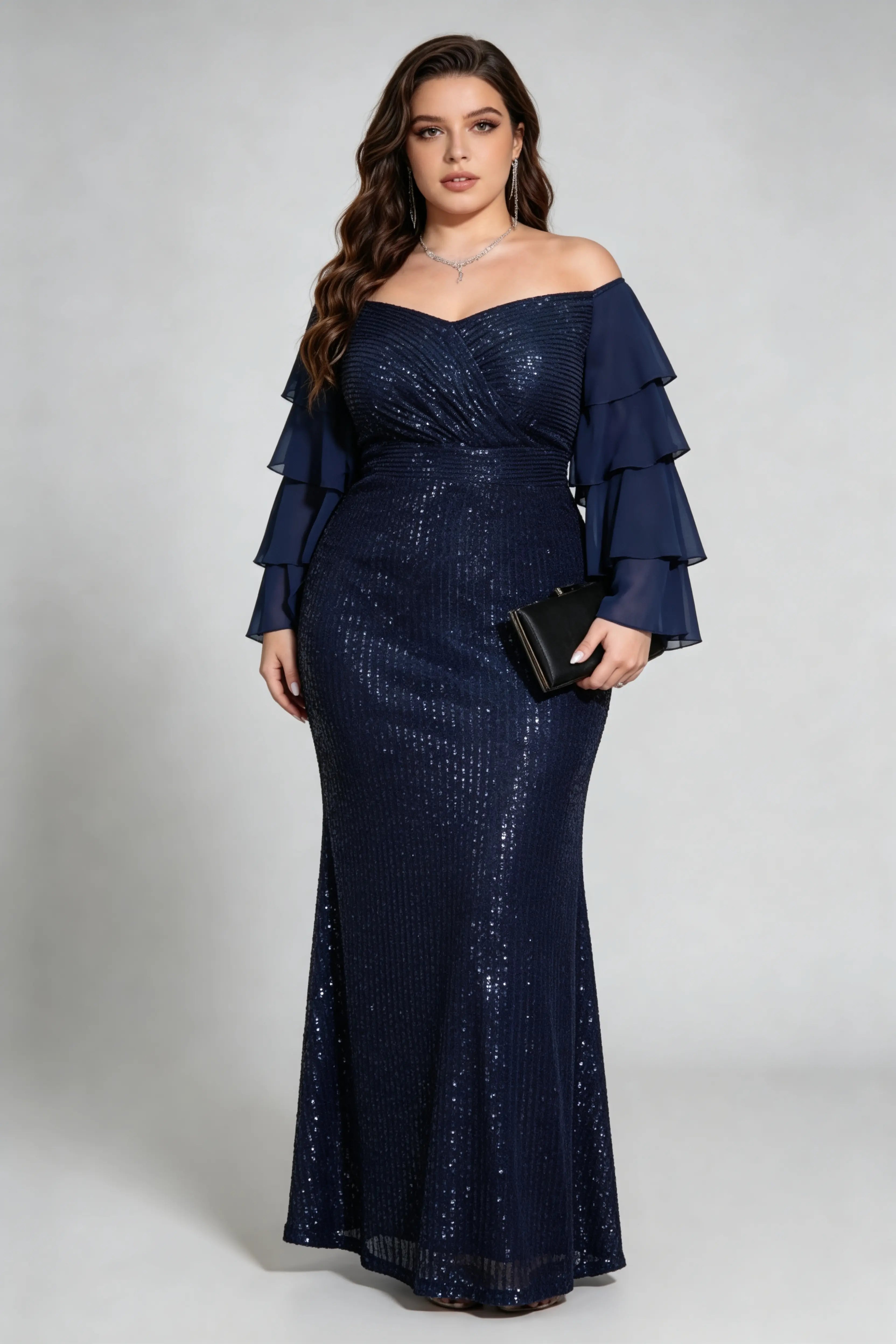 Plus Size Off-Shoulder Sequin Mermaid Navy Gown with Ruffled Sleeves