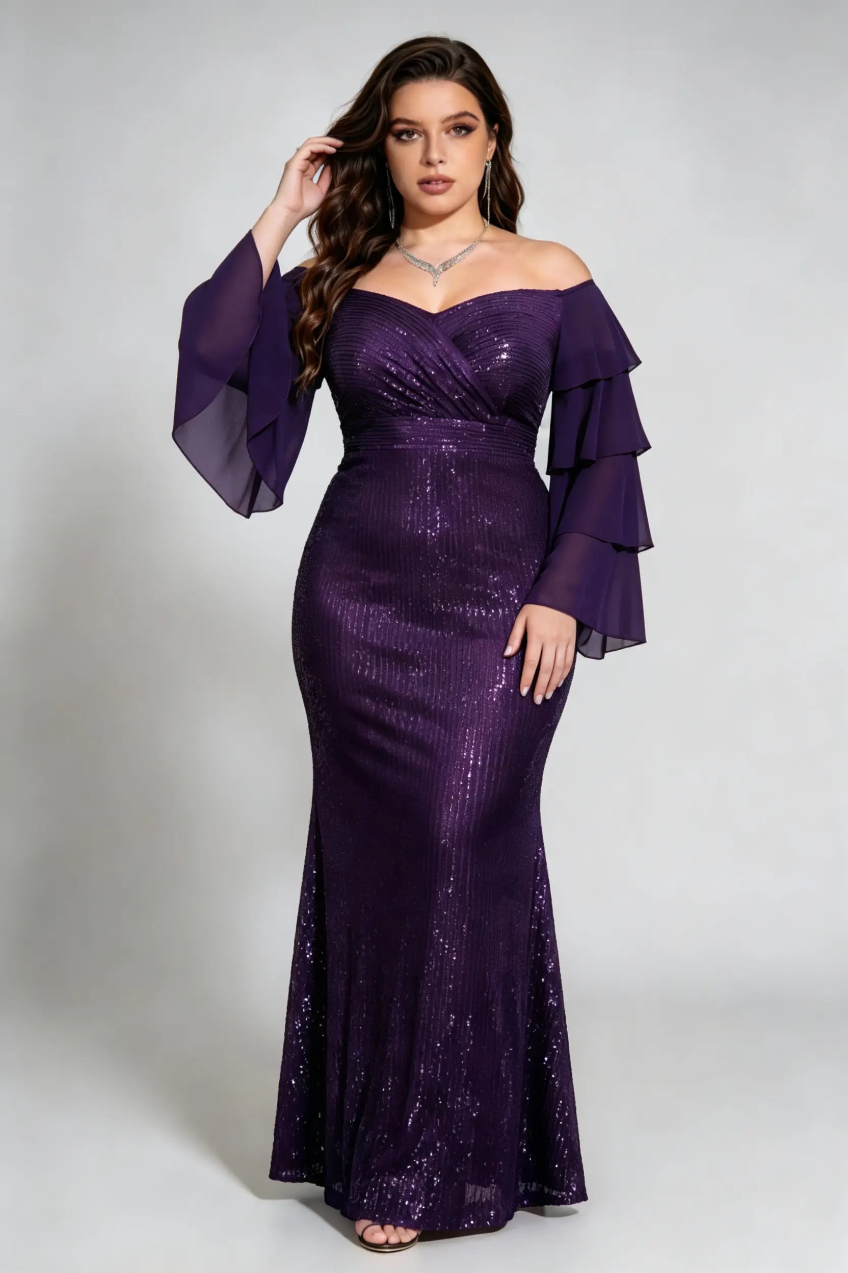 Plus Size Off-Shoulder Sequin Mermaid Purple Gown with Ruffled 