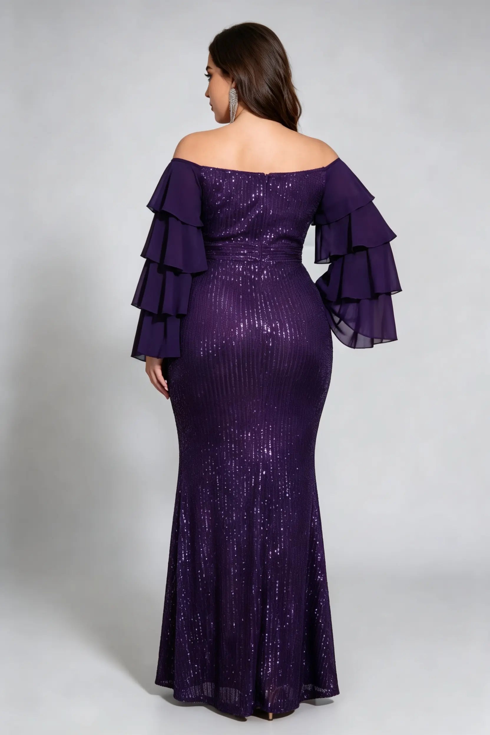 Plus Size Off-Shoulder Sequin Mermaid Purple Gown with Ruffled 