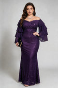 Plus Size Off-Shoulder Sequin Mermaid Purple Gown with Ruffled Sleeves