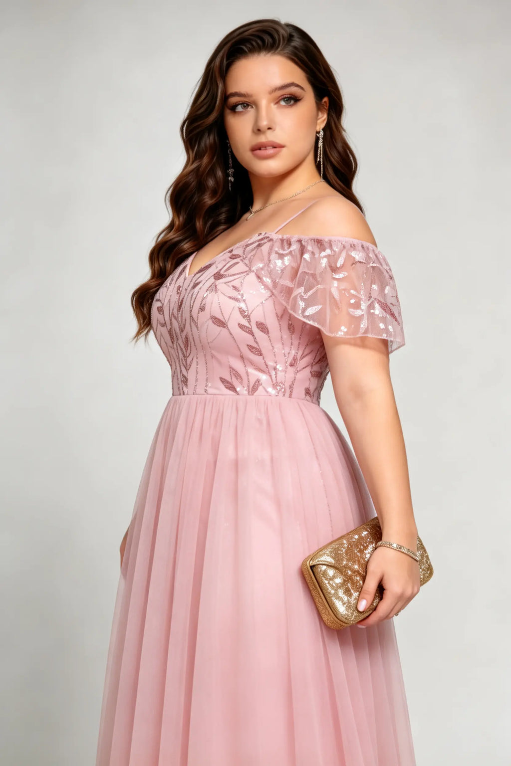 Plus Size Pink Off-Shoulder Sequin Tulle Maxi Evening Gown