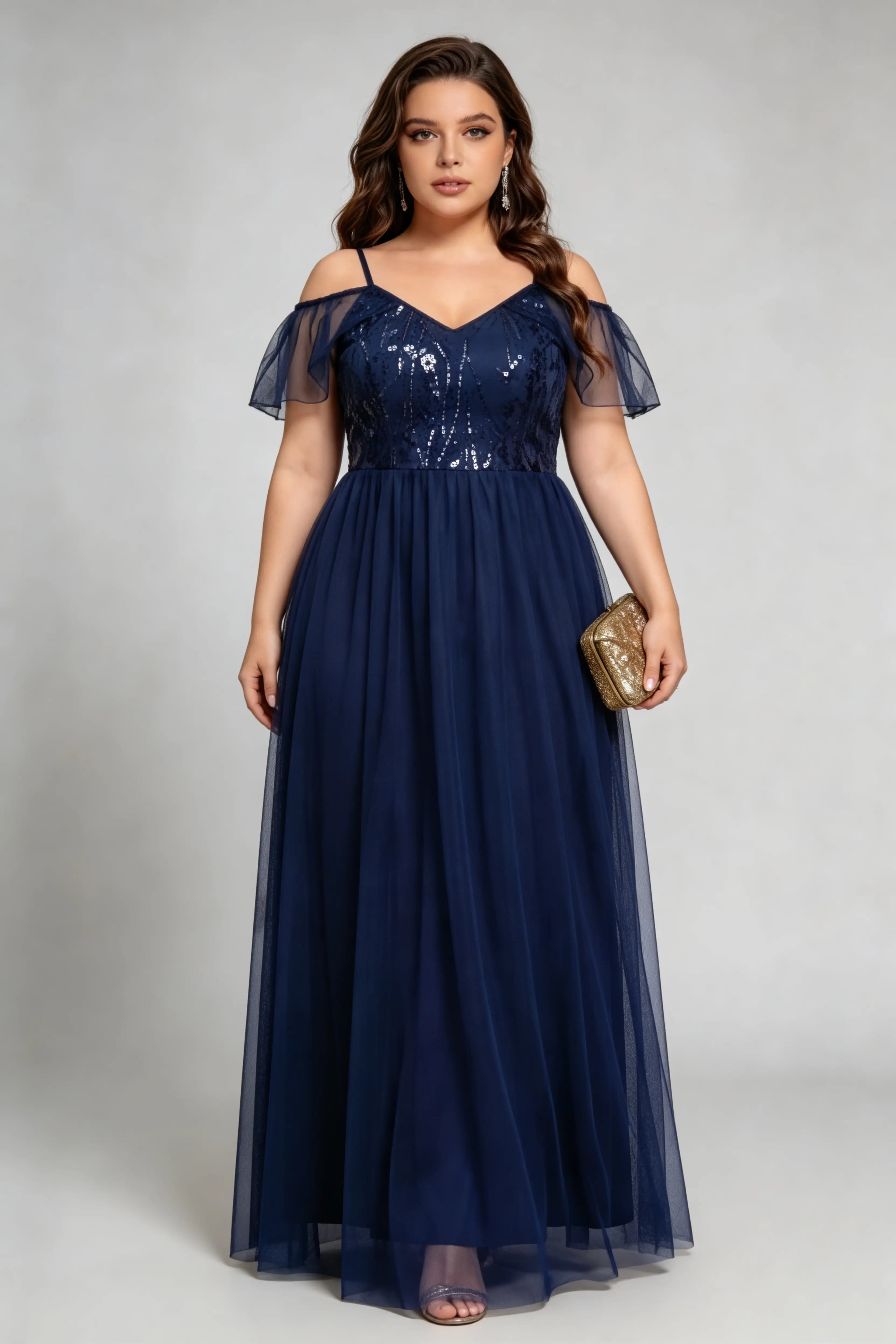 Plus Size Navy Off-Shoulder Sequin Tulle Maxi Evening Gown