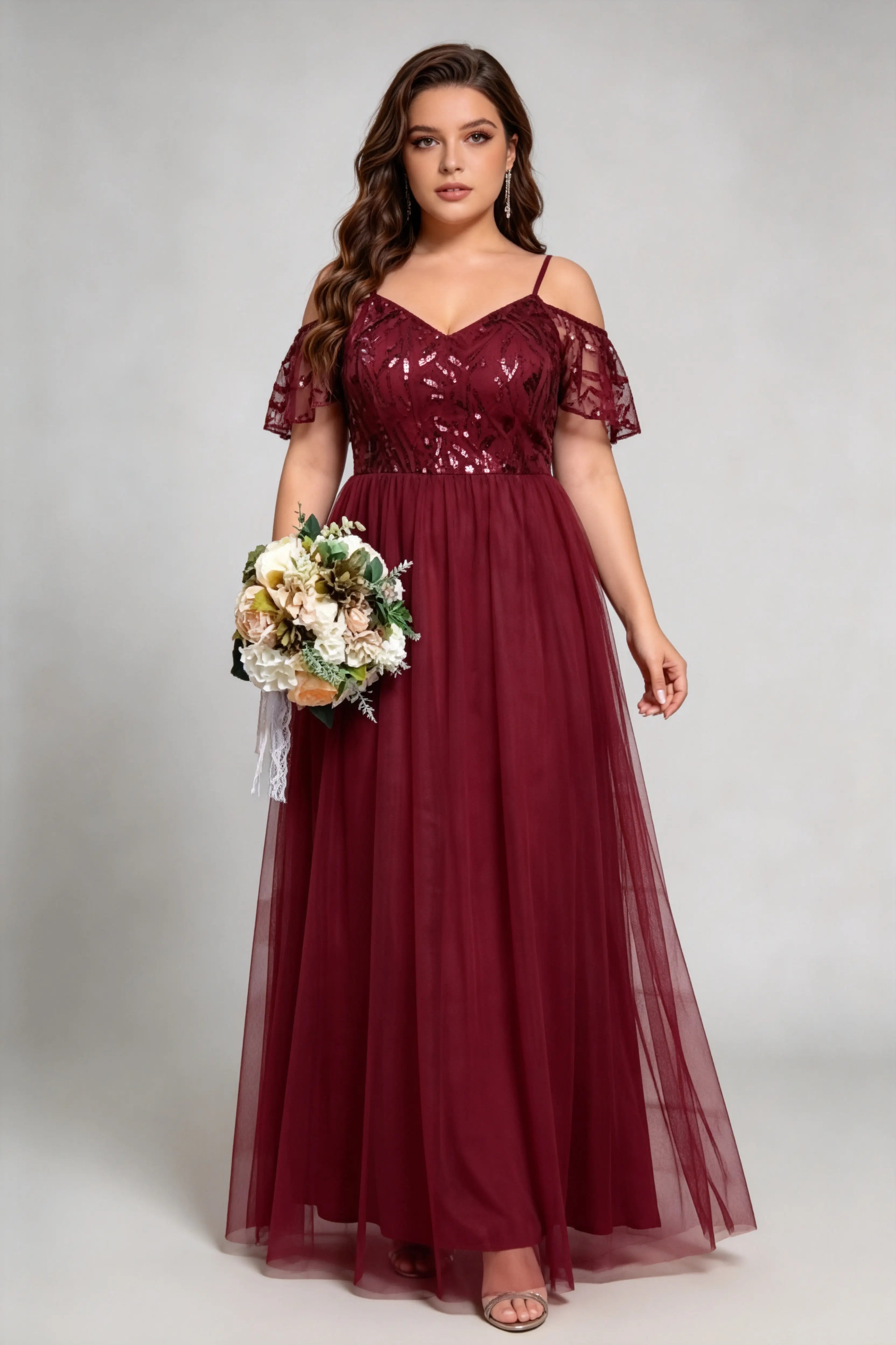 Plus Size Red Off-Shoulder Sequin Tulle Maxi Evening Gown