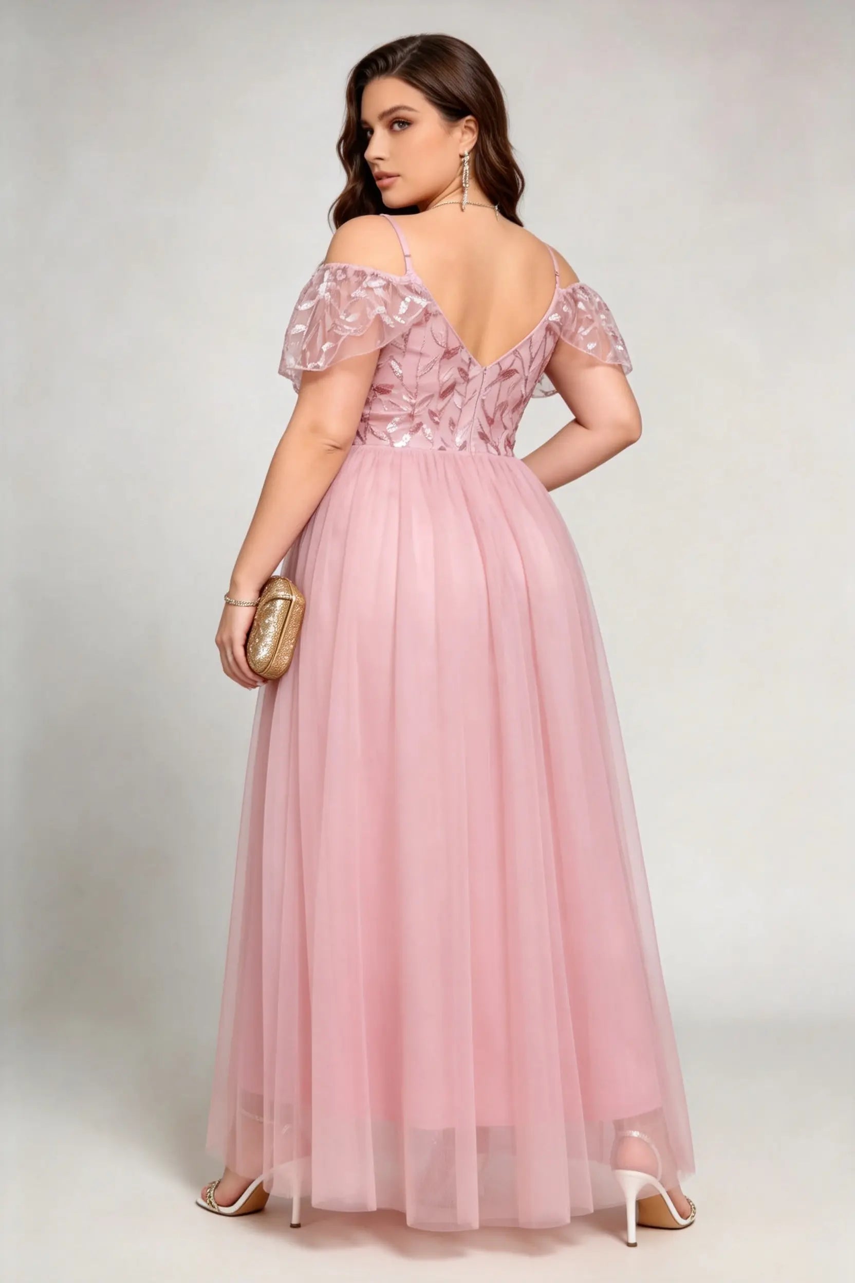 Plus Size Pink Off-Shoulder Sequin Tulle Maxi Evening Gown