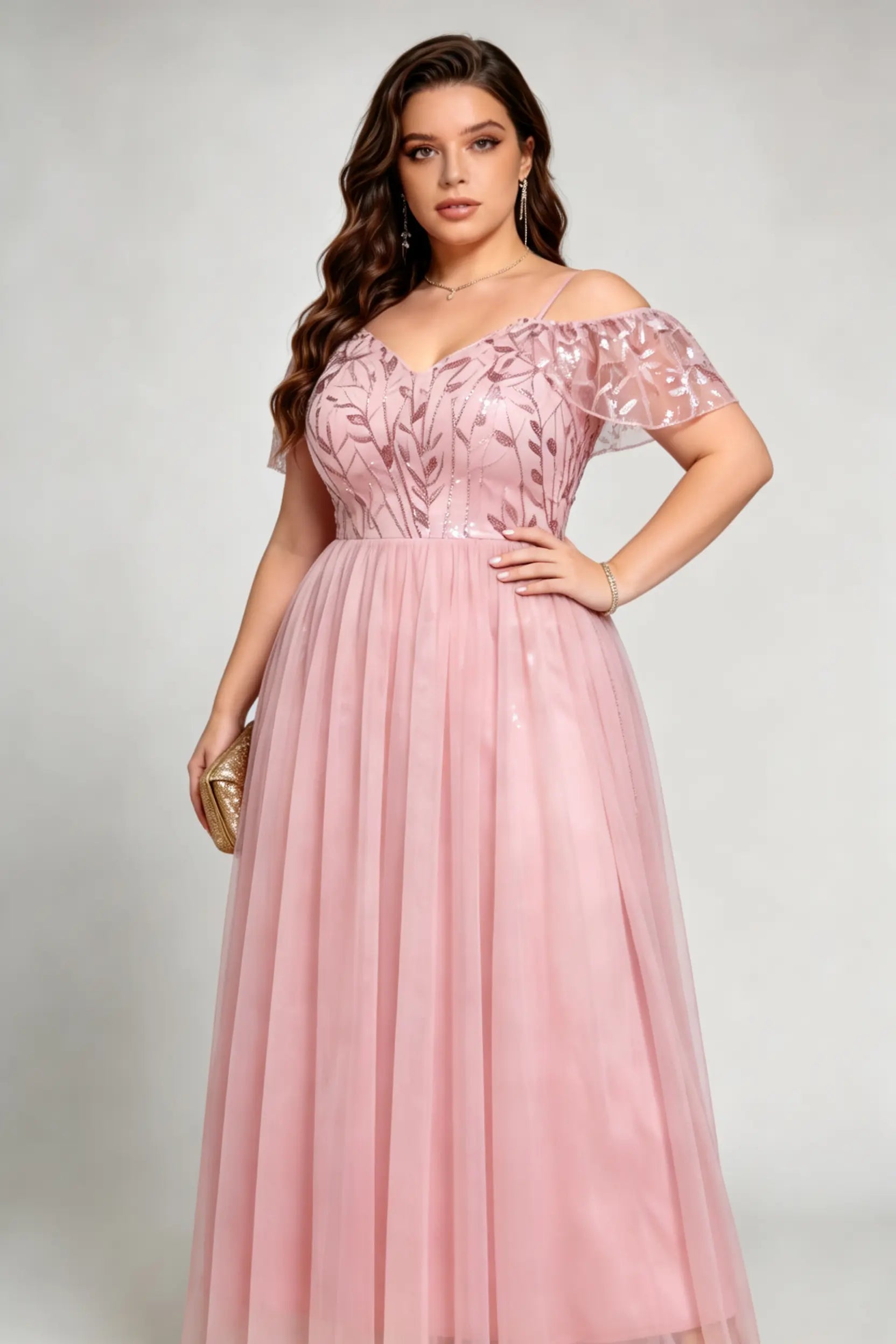 Plus Size Pink Off-Shoulder Sequin Tulle Maxi Evening Gown