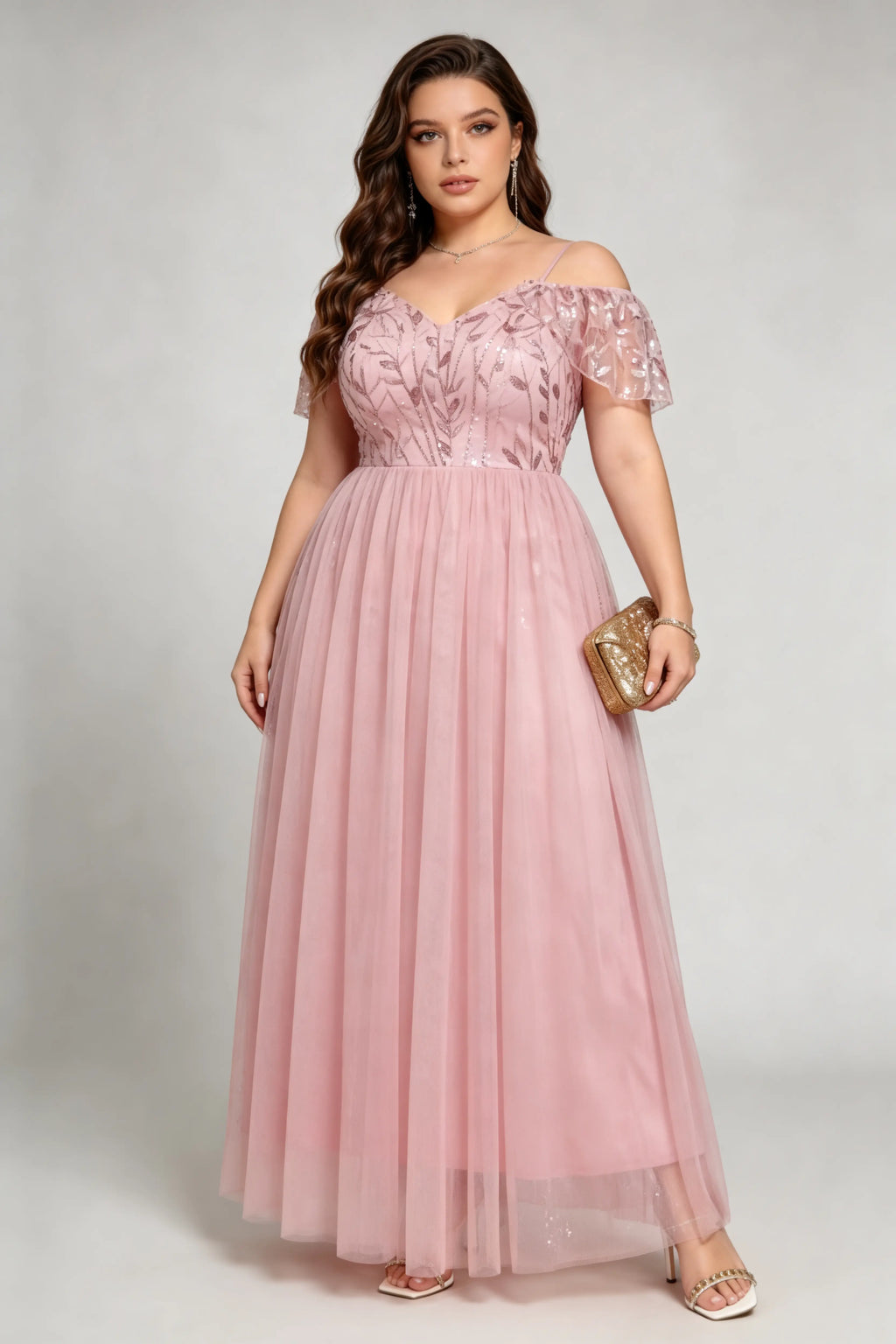 Plus Size Pink Off-Shoulder Sequin Tulle Maxi Evening Gown